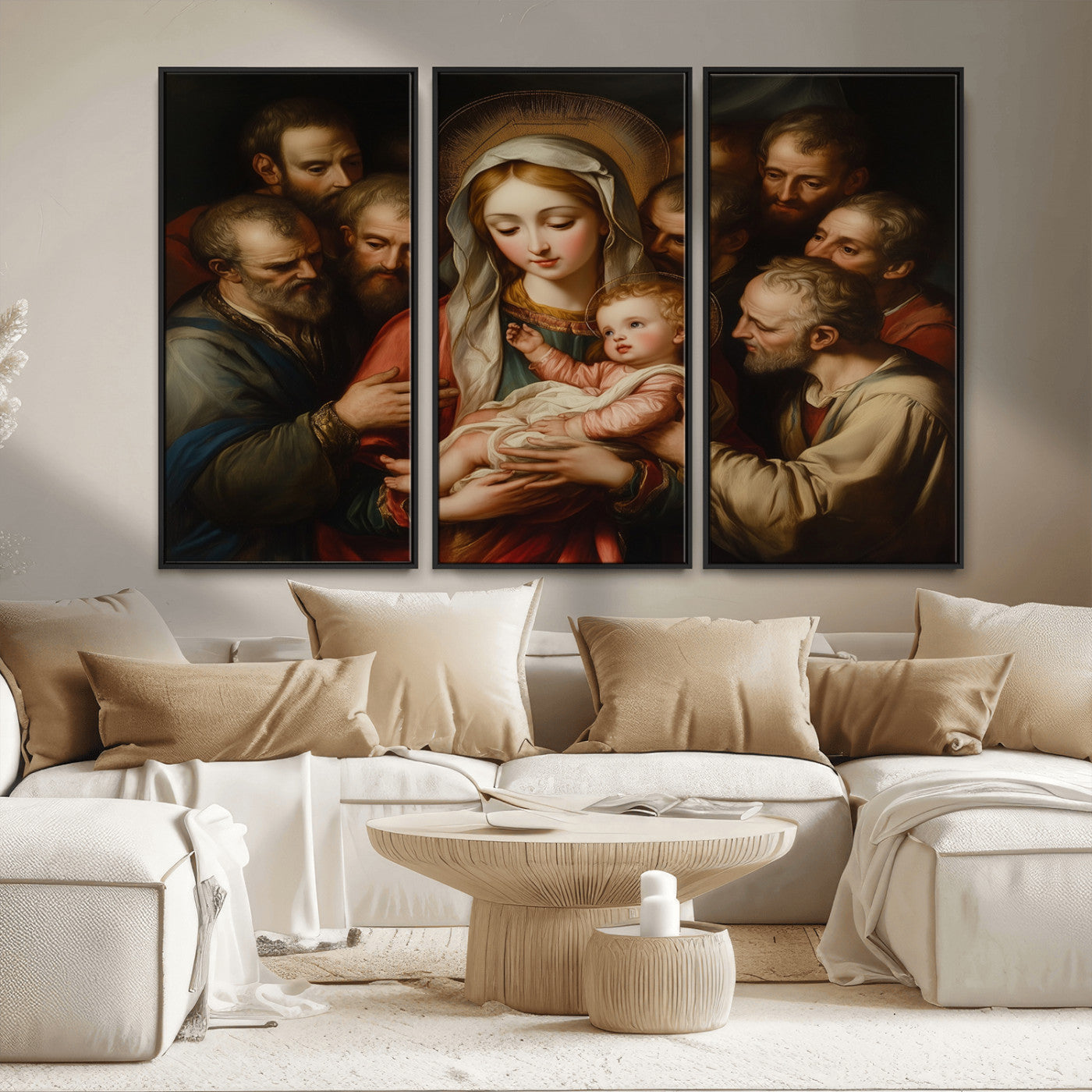 MGV-FC-48X32-3P - Religious Canvas Wall Art Print - Madonna and Child with Apostles Art Print - Classic Christian