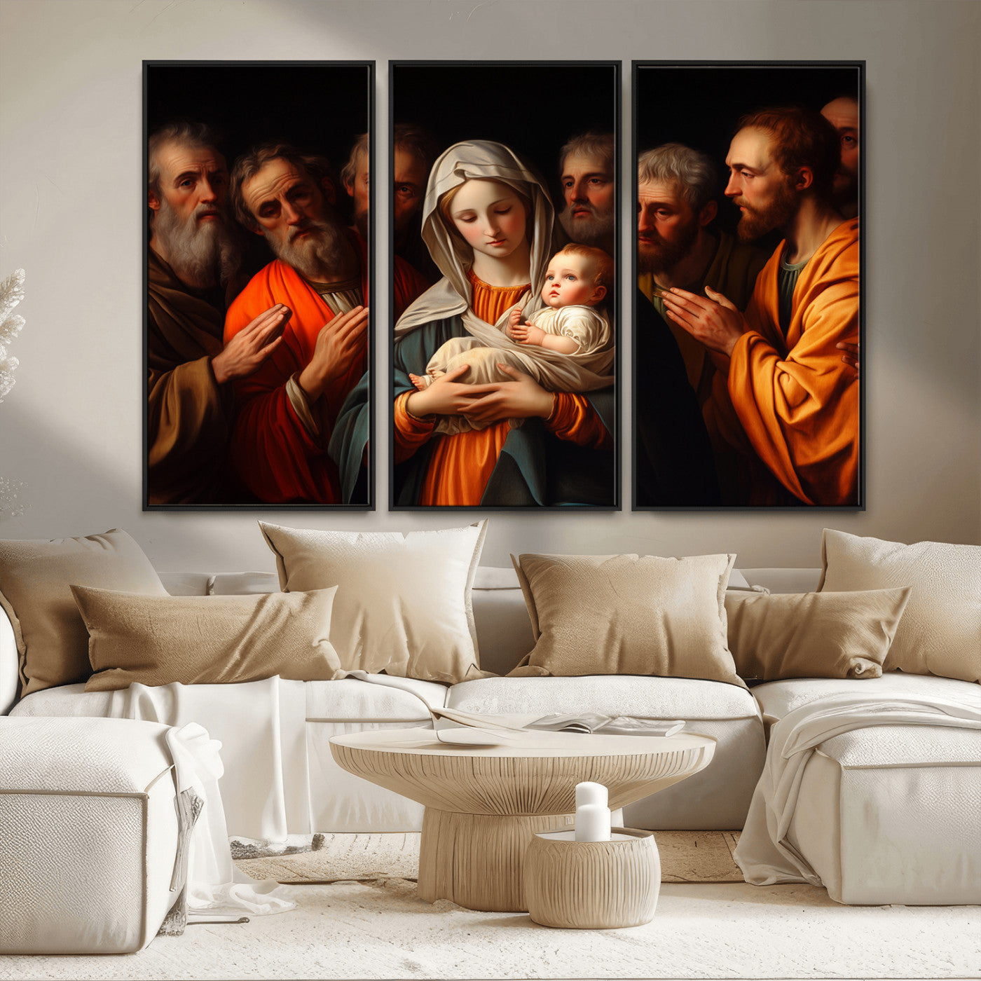 MGV-FC-48X32-3P - Religious Canvas Wall Art Print - Madonna and Child with Apostles Art Print - Classic Christian