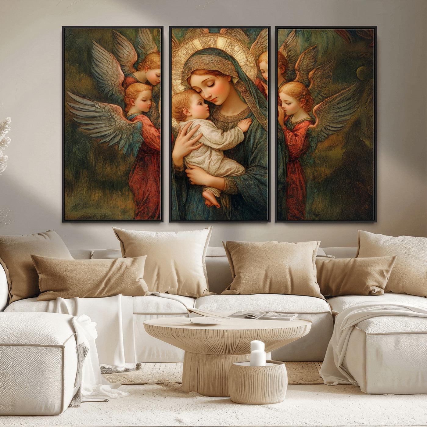 MGV-FC-48X32-3P - Mary Jesus Canvas Wall Art Print - Madonna and Child with Angels Art Print - Classic Christian