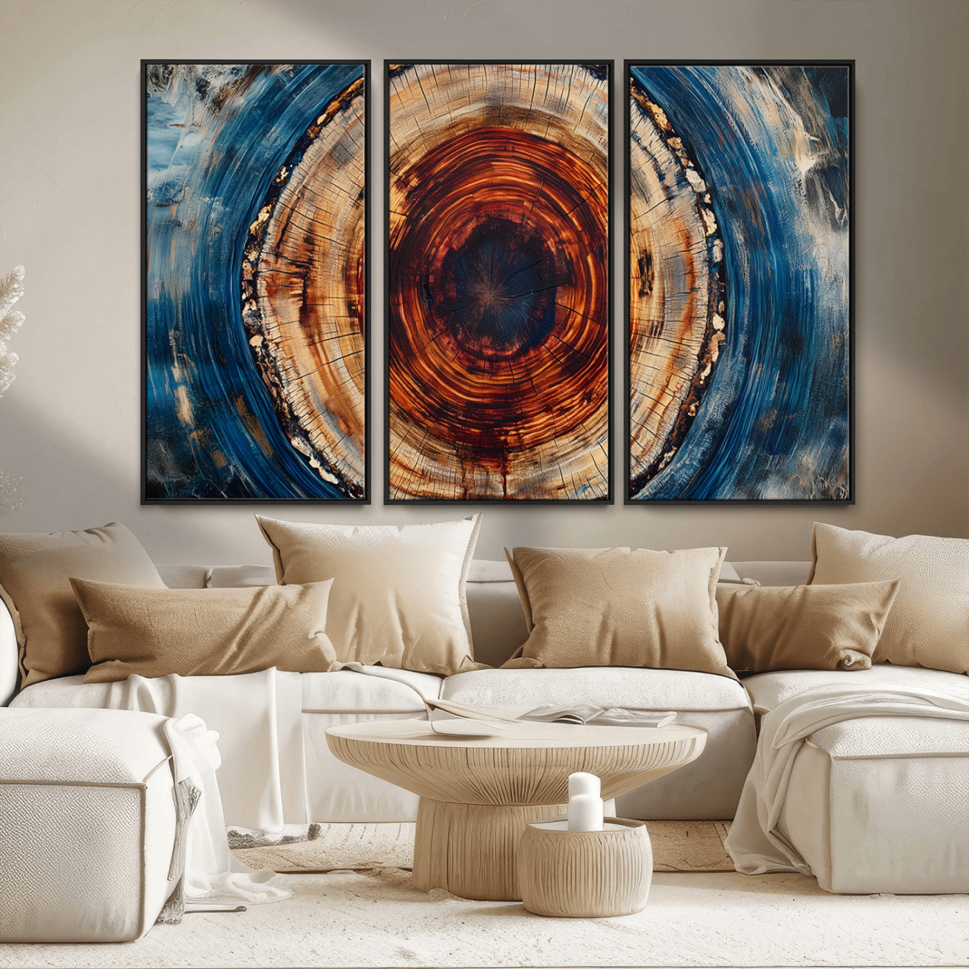 MGV-FC-48X32-3P - Abstract Framed Tree Rings Wall Decor, Wood Grain Rings Artwork Print, Nature Woodland Modern Wall