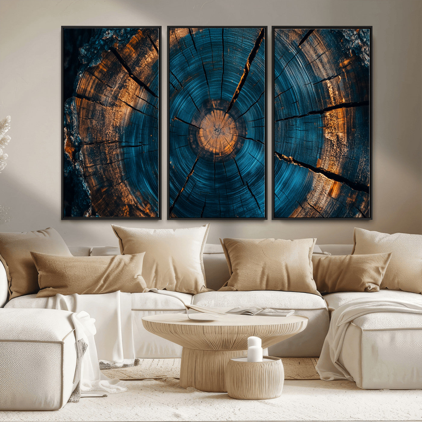 MGV-FC-48X32-3P - Farmhouse Wall Art - Abstract Tree Rings Canvas Wall Art Print, Framed Wood Grain Rings Artwork