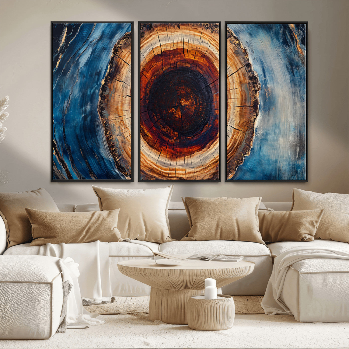 MGV-FC-48X32-3P - Framed Abstract Tree Ring Wall Art Print, Natural Rustic Wood Texture Canvas Print, Wood Tree Stump