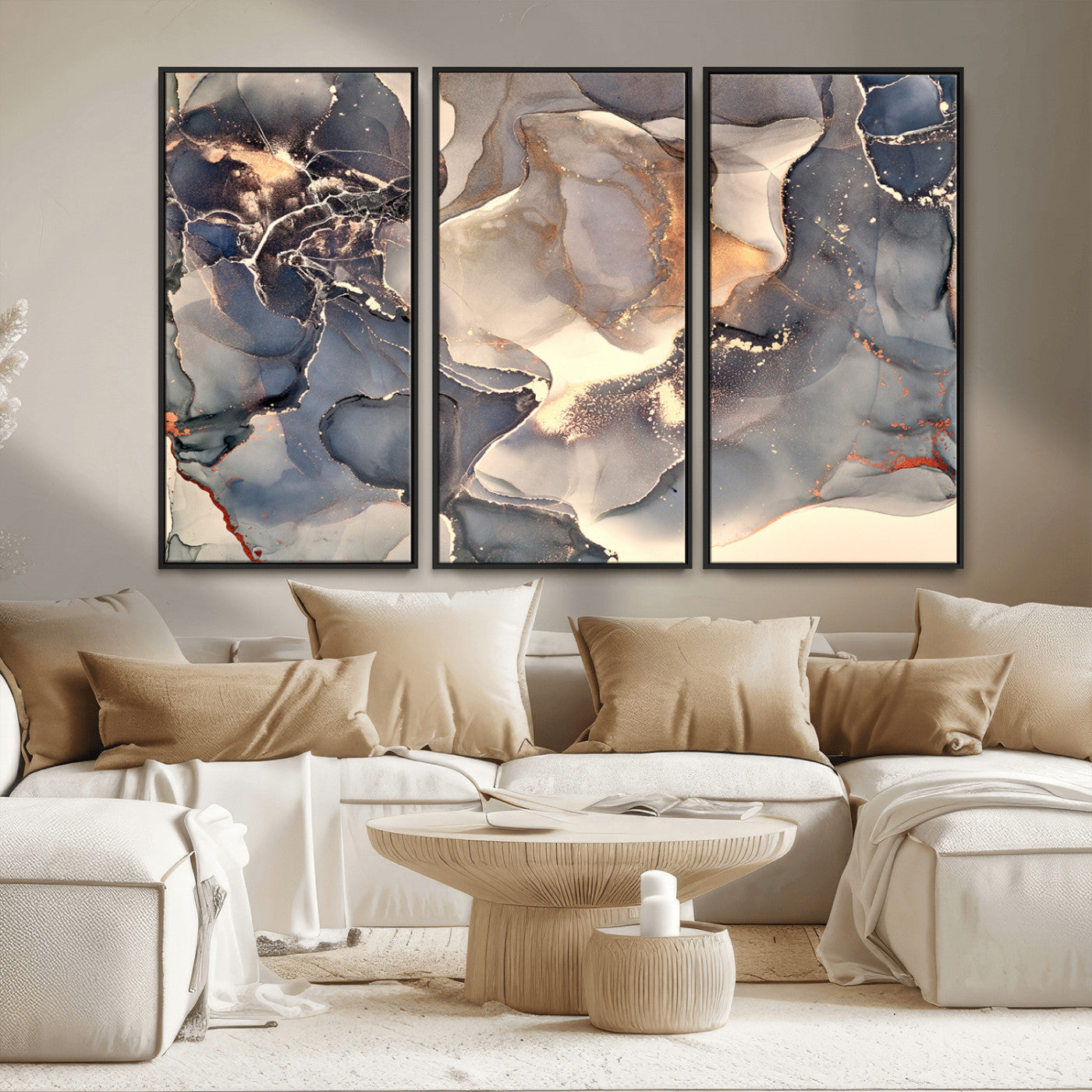 MGV-FC-48X32-3P - Abstract Blue and Gold Wall Art - Fluid Ink Artwork - Modern Luxury Wall Decor for Contemporary
