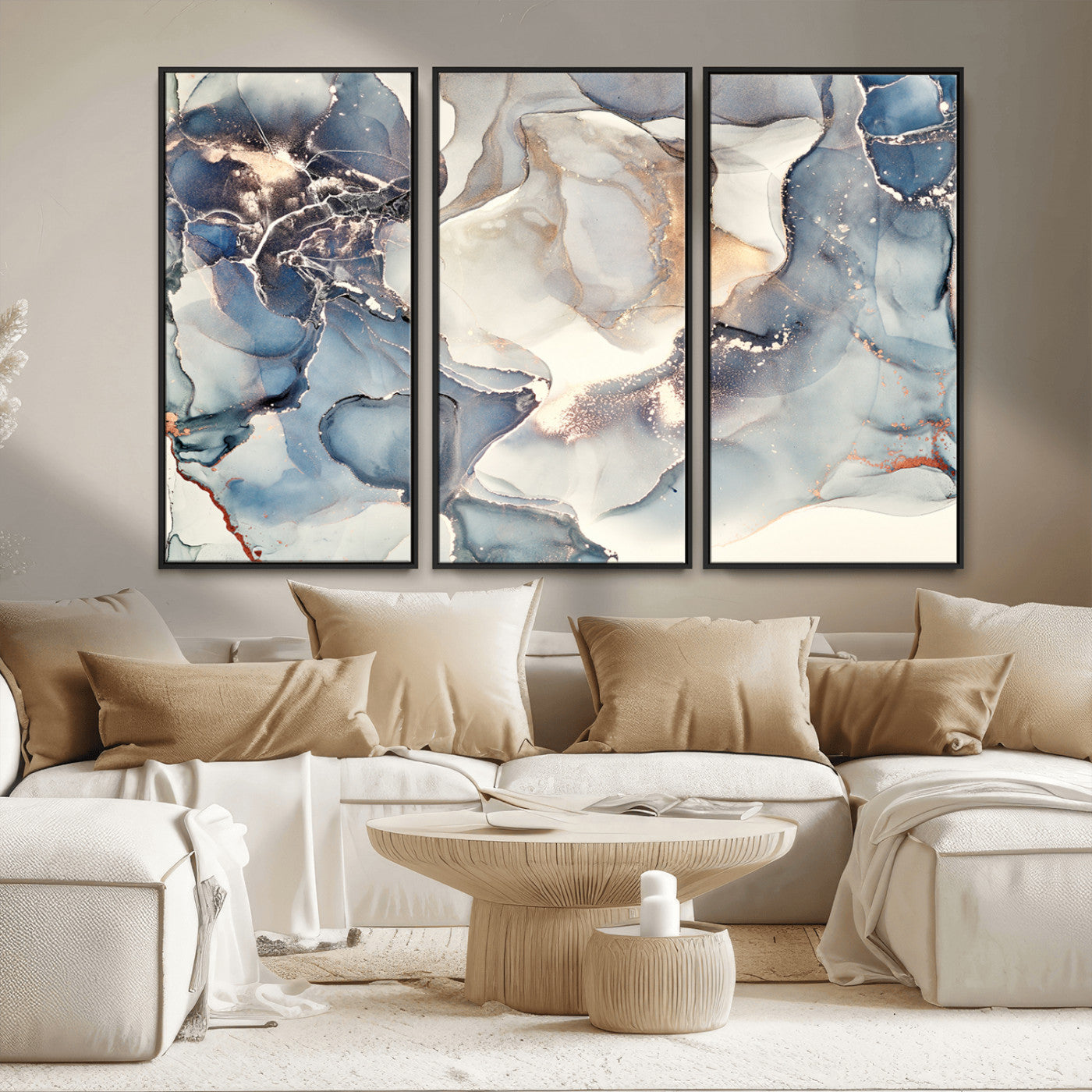 MGV-FC-48X32-3P - Abstract Blue and Gold Canvas Wall Art - Fluid Modern Ink Artwork - Modern Luxury Wall Decor for