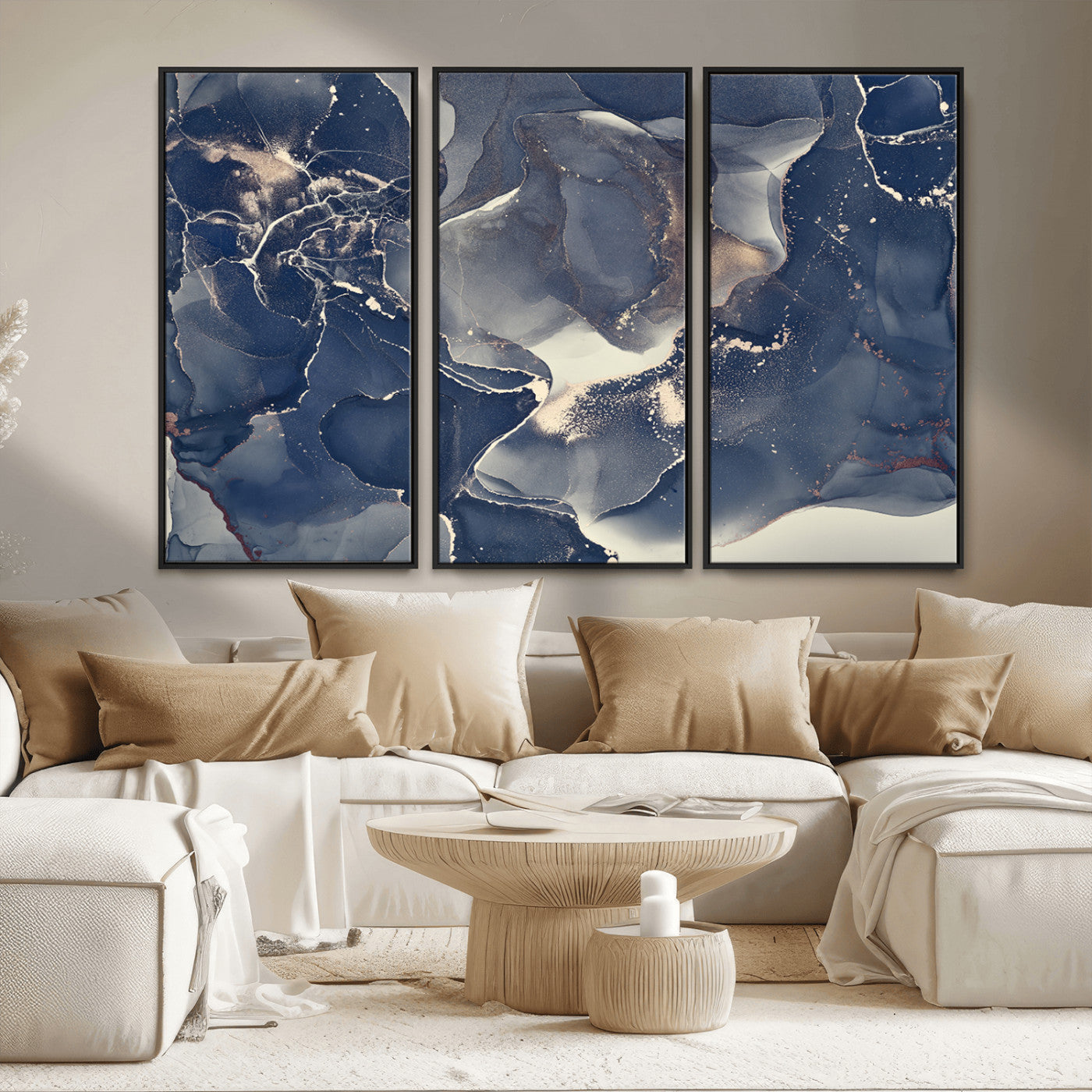 MGV-FC-48X32-3P - Large Abstract Blue and Gold Canvas Wall Art | Fluid Ink Artwork Print | Luxury Wall Decor for