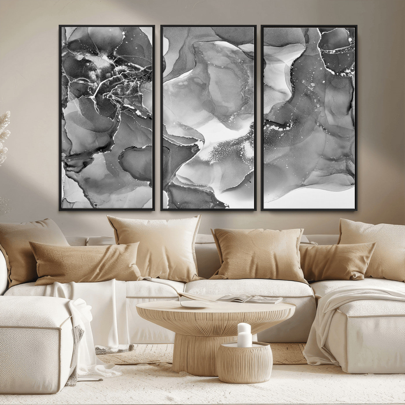 MGV-FC-48X32-3P - Black White Abstract Canvas Wall Art - Fluid Ink Artwork - Modern Luxury Wall Decor for Contemporary