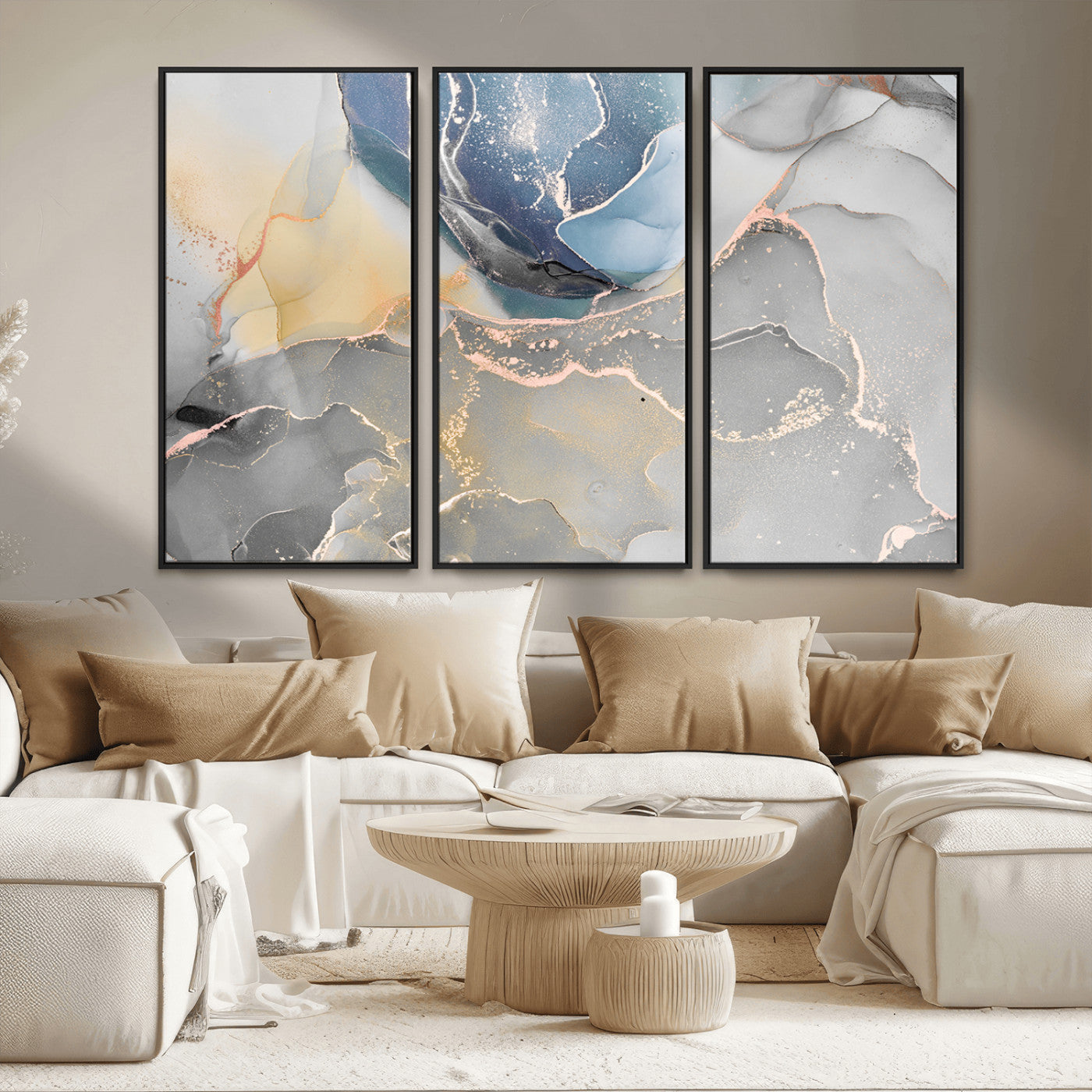MGV-FC-48X32-3P - Large Abstract Blue and Gold Canvas Wall Art | Fluid Ink Artwork Print | Luxury Wall Decor for