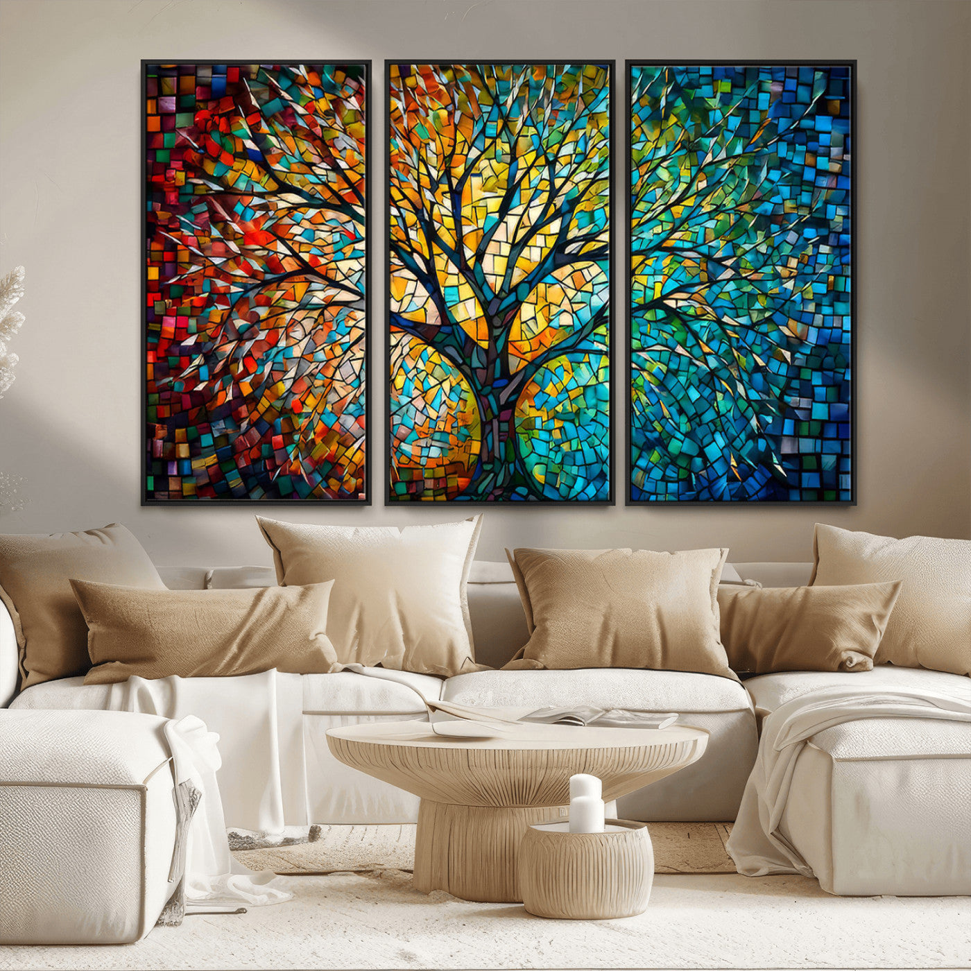 99325-MGV-FC-48X32-3P_Black-Yggdrasil Tree of Life Wall Art Print Canvas | Mosaic Style 3-Panel Canvas Print