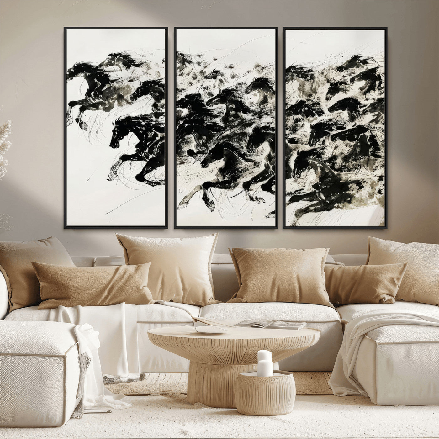 MGV-FC-48X32-3P - Abstract Horse Wall Art Canvas Print - Dynamic Black Ink Horse Print - Modern Equine Wall Decor for