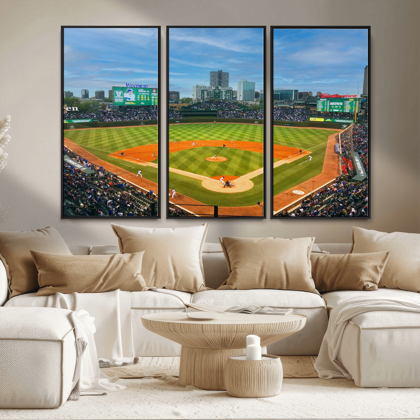 MGV-FC-48X32-3P - Wrigley Field Chicago Cubs Panoramic Multi Piece Canvas Wall Art - Iconic Baseball Stadium Print for