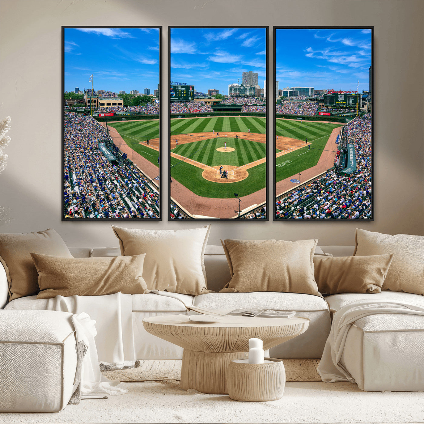 MGV-FC-48X32-3P - Framed Wrigley Field Chicago Cubs Print, Panoramic Multi Piece Canvas Wall Art - Iconic Baseball