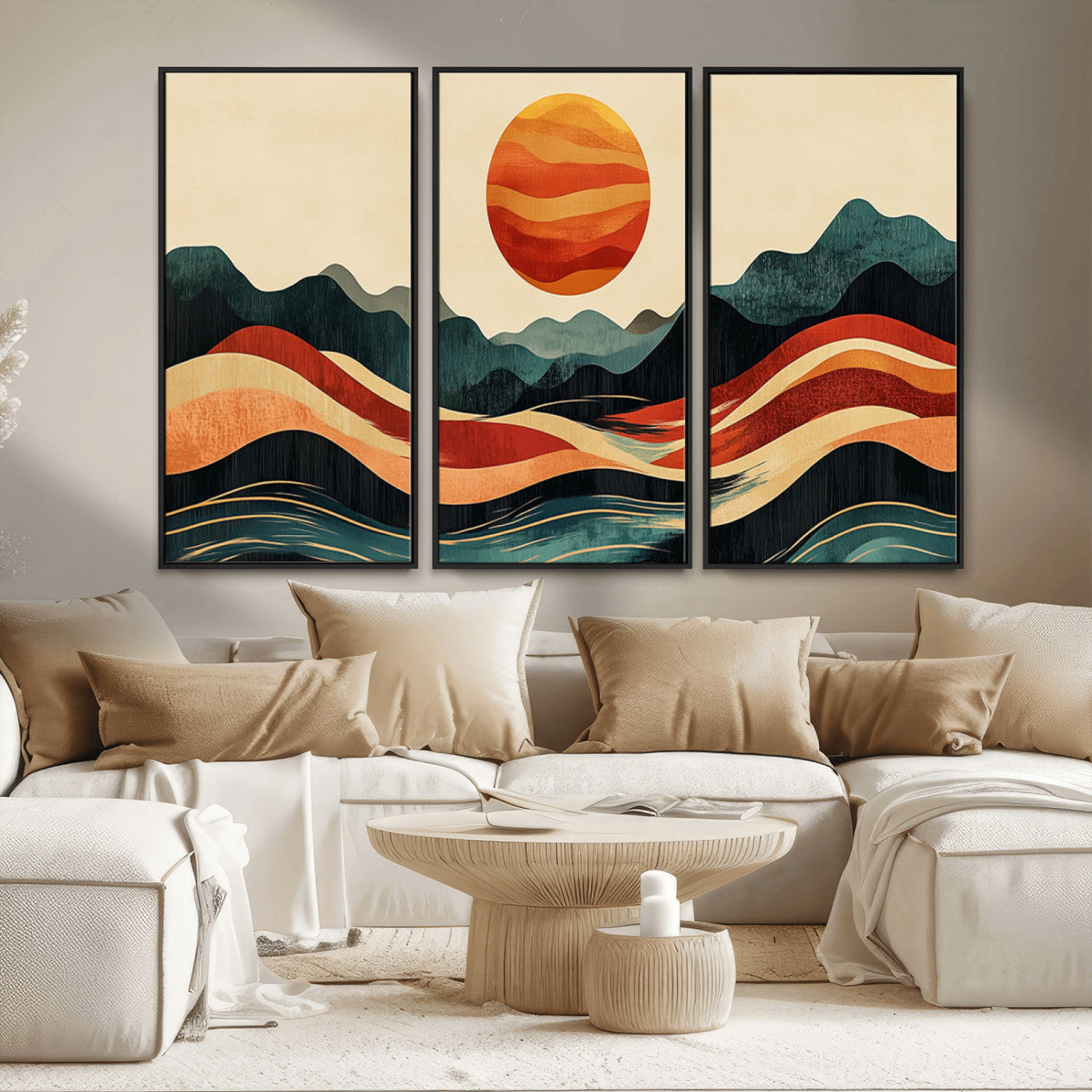 MGV-FC-48X32-3P - Mountain Triptych Wall Art - Western Nature Prints - Framed Boho Pine Tree Canvas for Log Cabin or