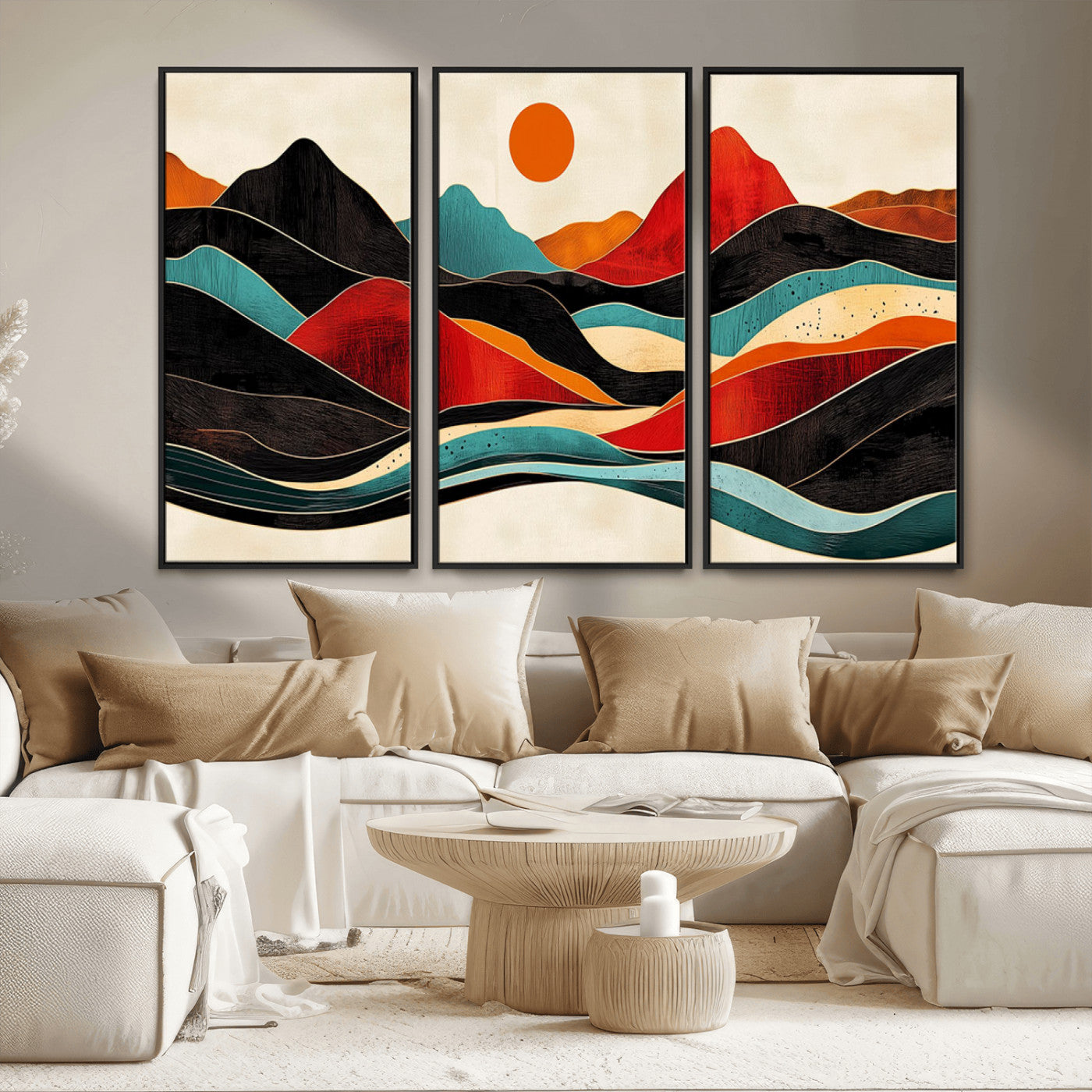 MGV-FC-48X32-3P - Western Wall Decor - Large Triptych Mountain Canvas - Boho Woodland Wall Art Print - Framed