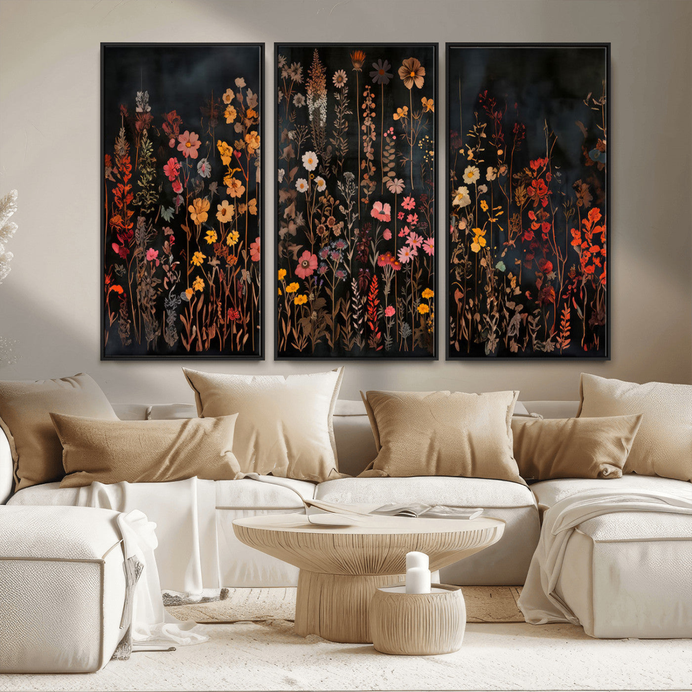 MGV-FC-48X32-3P - Dark Floral Canvas Wall Art - Moody Botanical Flower Print - Rustic Floral Wall Decor for Home -