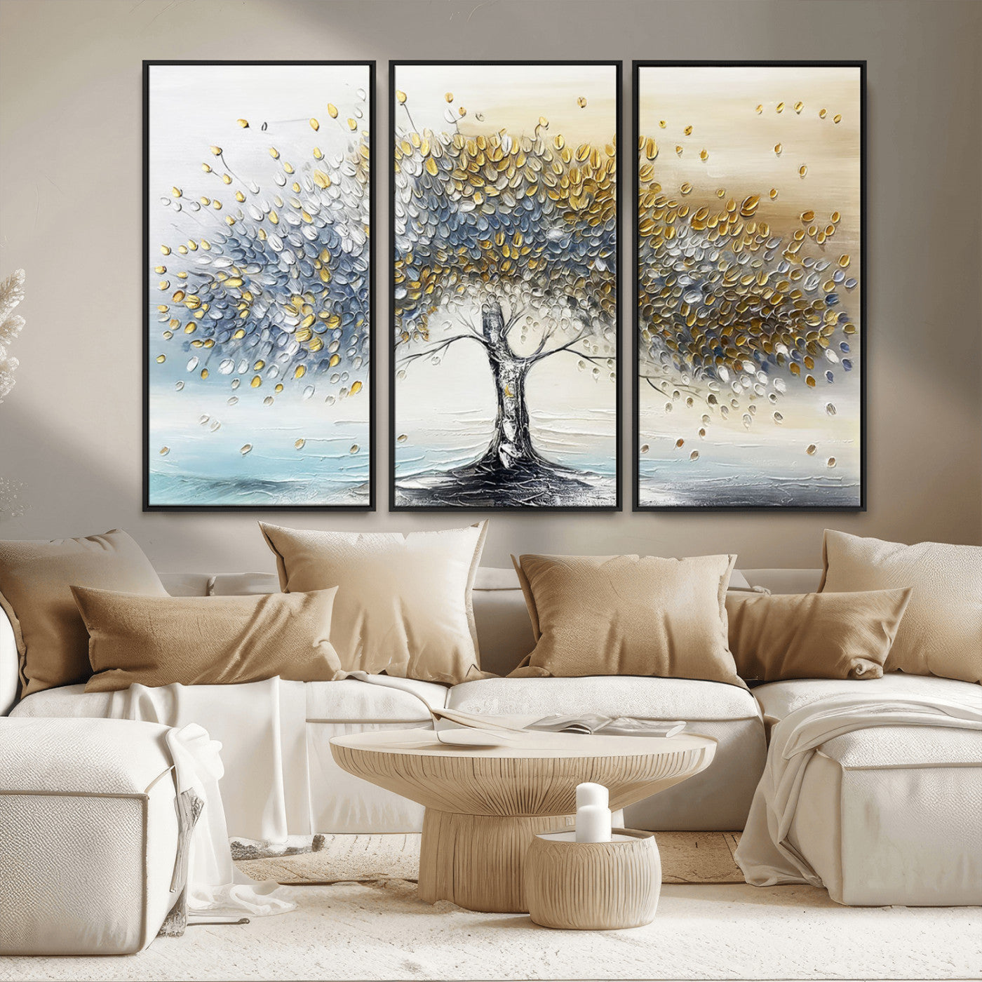 An elegant impasto painting featuring a tree with shimmering silver and gold leaves, blending soft pastels to create a calm and sophisticated atmosphere.