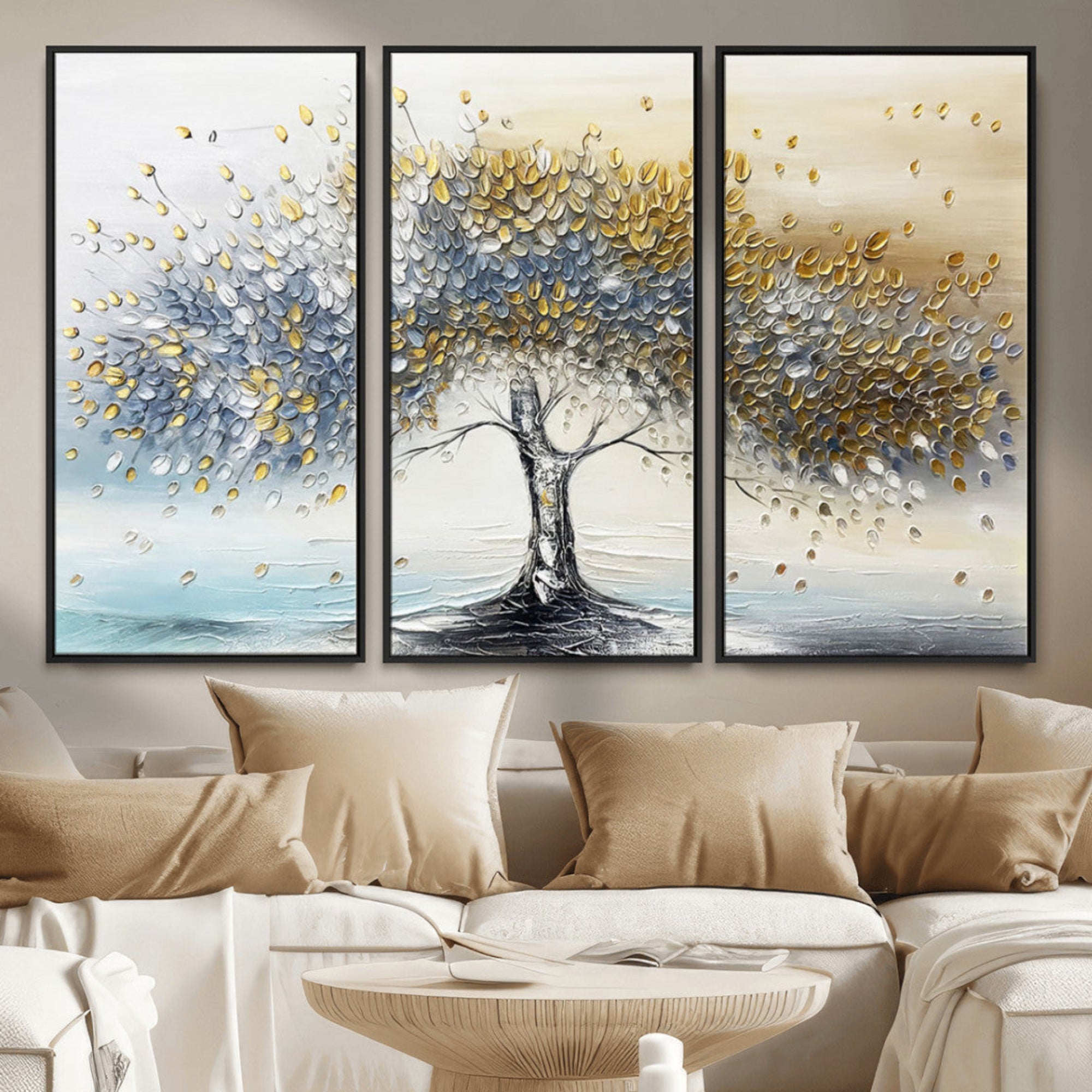 An elegant impasto painting featuring a tree with shimmering silver and gold leaves, blending soft pastels to create a calm and sophisticated atmosphere.