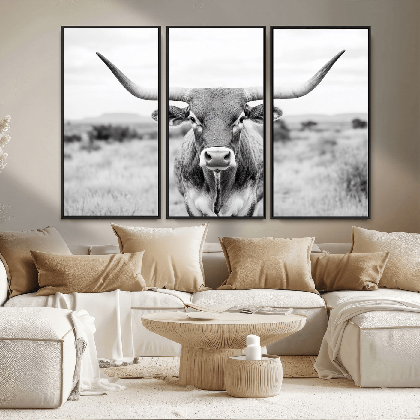 MGV-FC-48X32-3P - Highland Cow Wall Art Print - Black and White Texas Western Longhorn Canvas - Farmhouse Decor Print