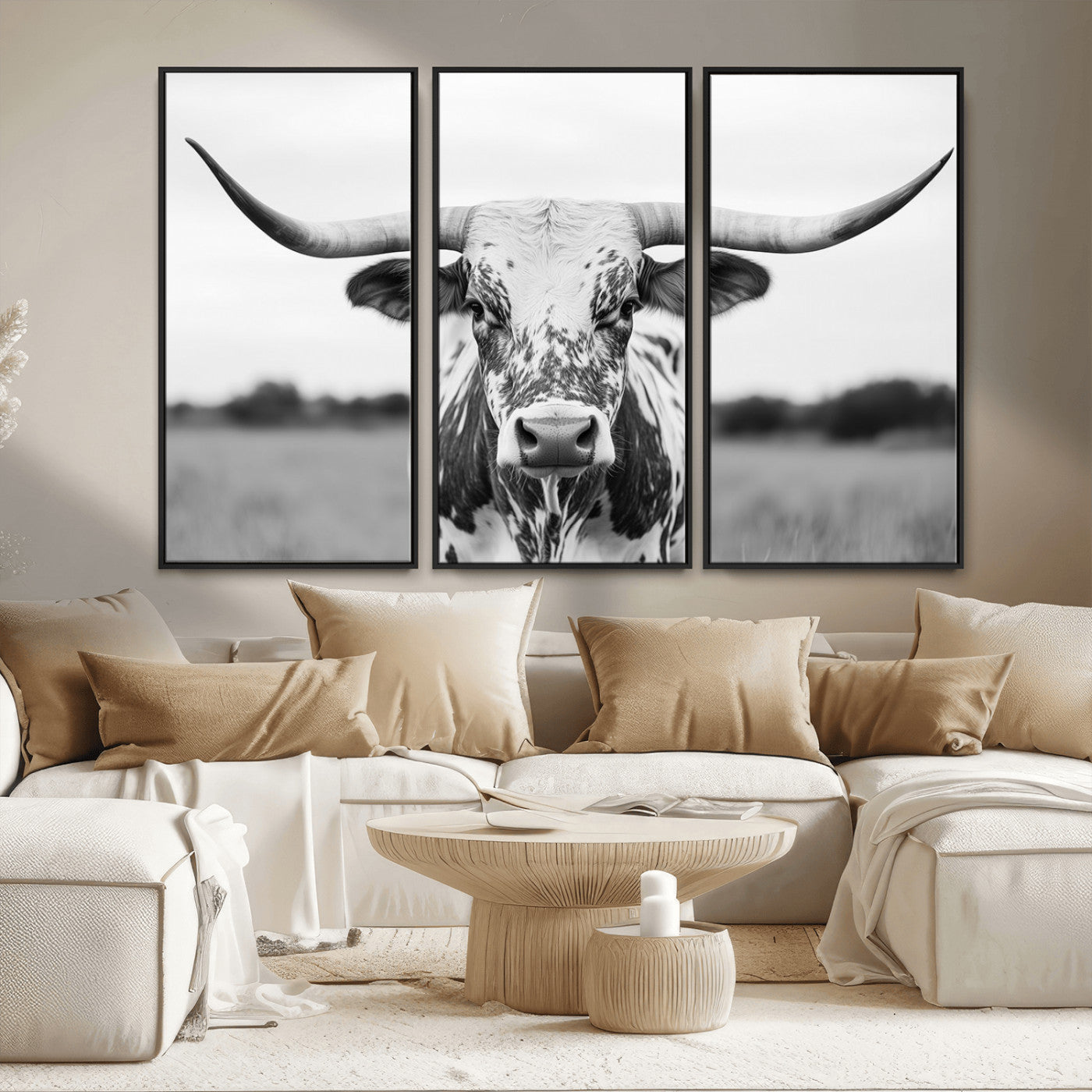 MGV-FC-48X32-3P - Highland Cow Wall Art - Black and White Western Longhorn Canvas Print - Farmhouse Living Room Decor