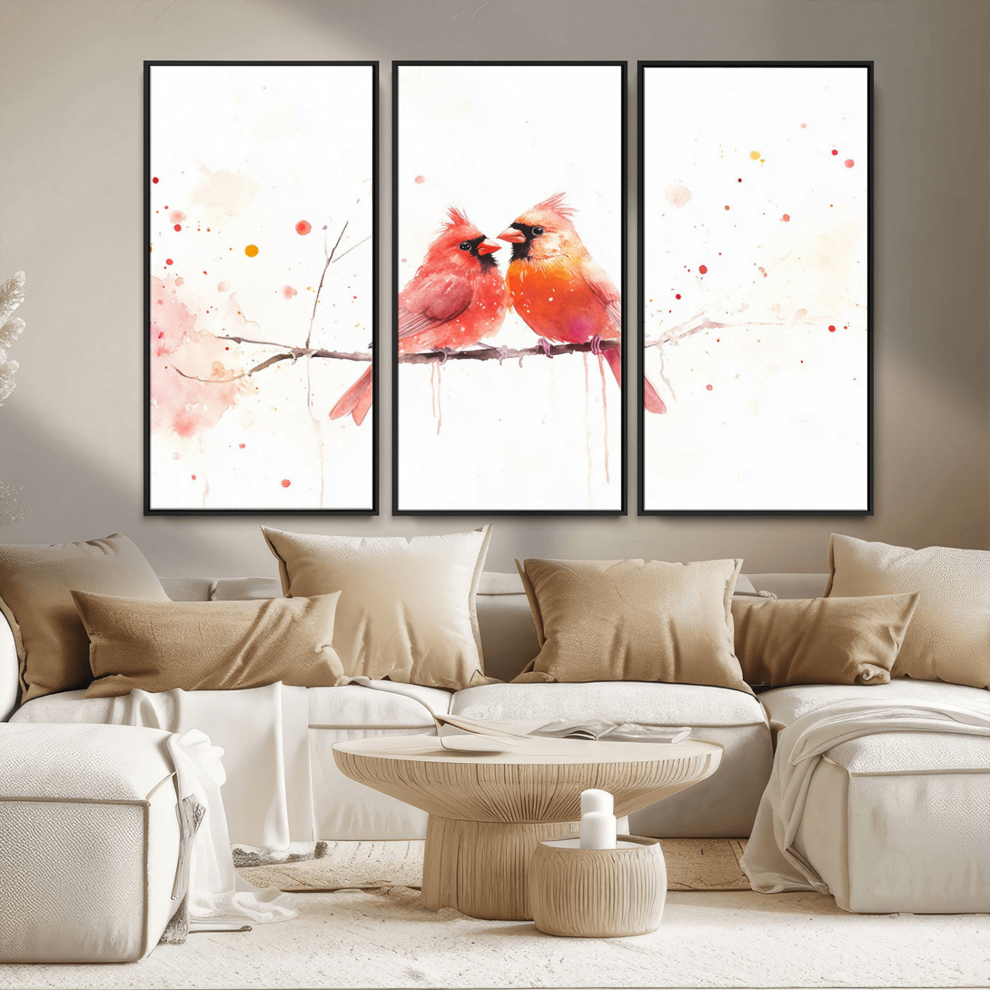 MGV-FC-48X32-3P - Cardinal Bird Canvas Wall Art - Male and Female Cardinal Print - Nature-Inspired Bird Wall Decor for
