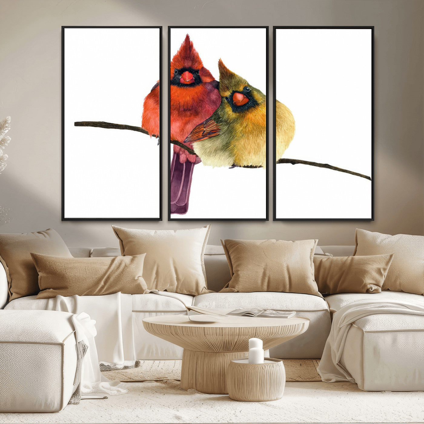 MGV-FC-48X32-3P - Cardinal Bird Canvas Wall Art - Male and Female Cardinal Print - Nature-Inspired Bird Wall Decor for