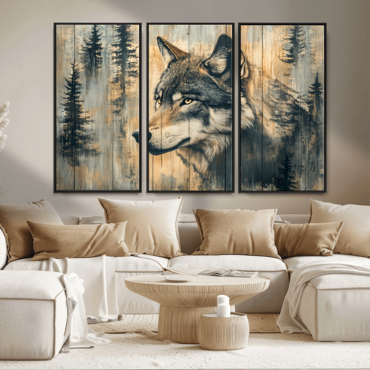 MGV-FC-48X32-3P - Wood Style Rustic Wolf Wall Art Canvas Print, Vintage Woodland Wolf Wall Art, Framed Wood Style Wolf