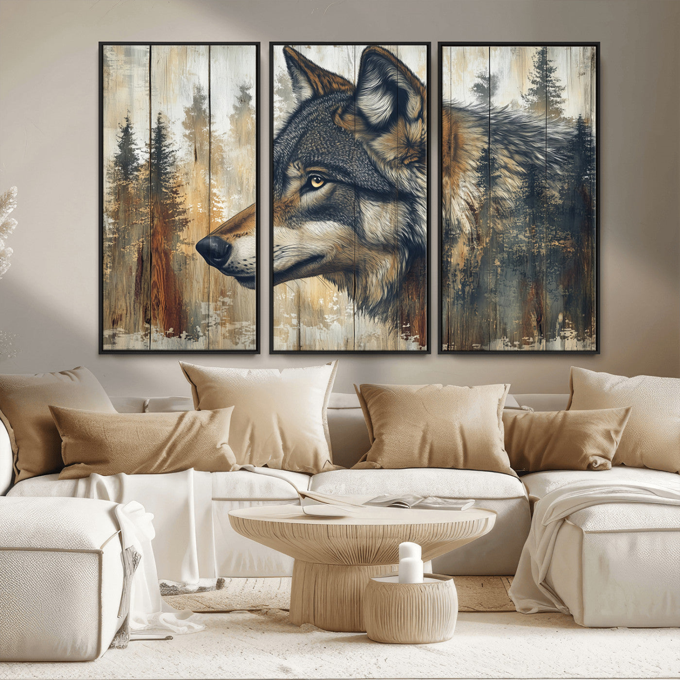 MGV-FC-48X32-3P - Rustic Wolf Wall Art Canvas Print, Vintage Woodland Wolf Wall Art