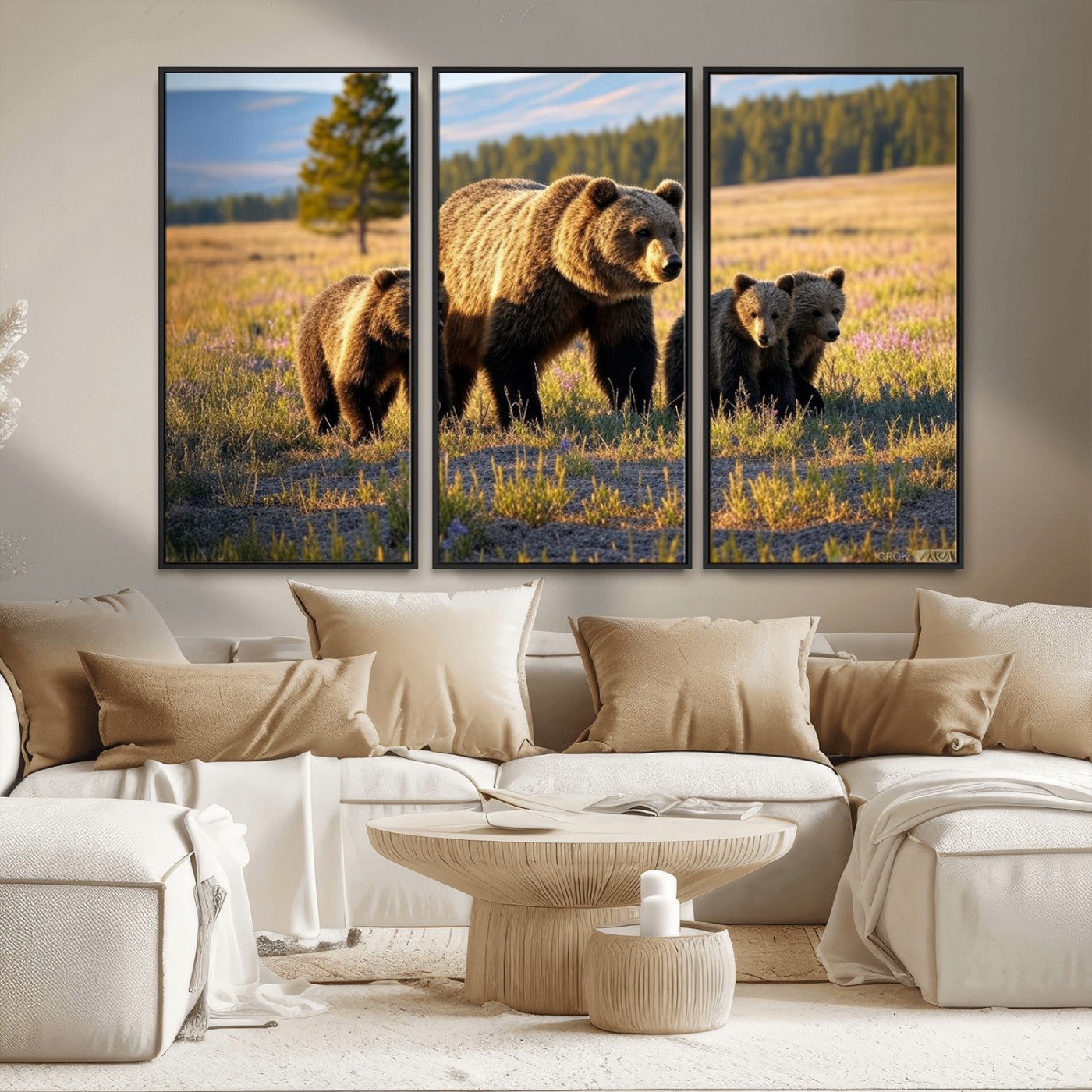MGV-FC-48X32-3P - Grizzly 399 in Wild Flowers Wall Art Canvas Print, Grizzly Bears Wall Art, Queen of Grand Teton