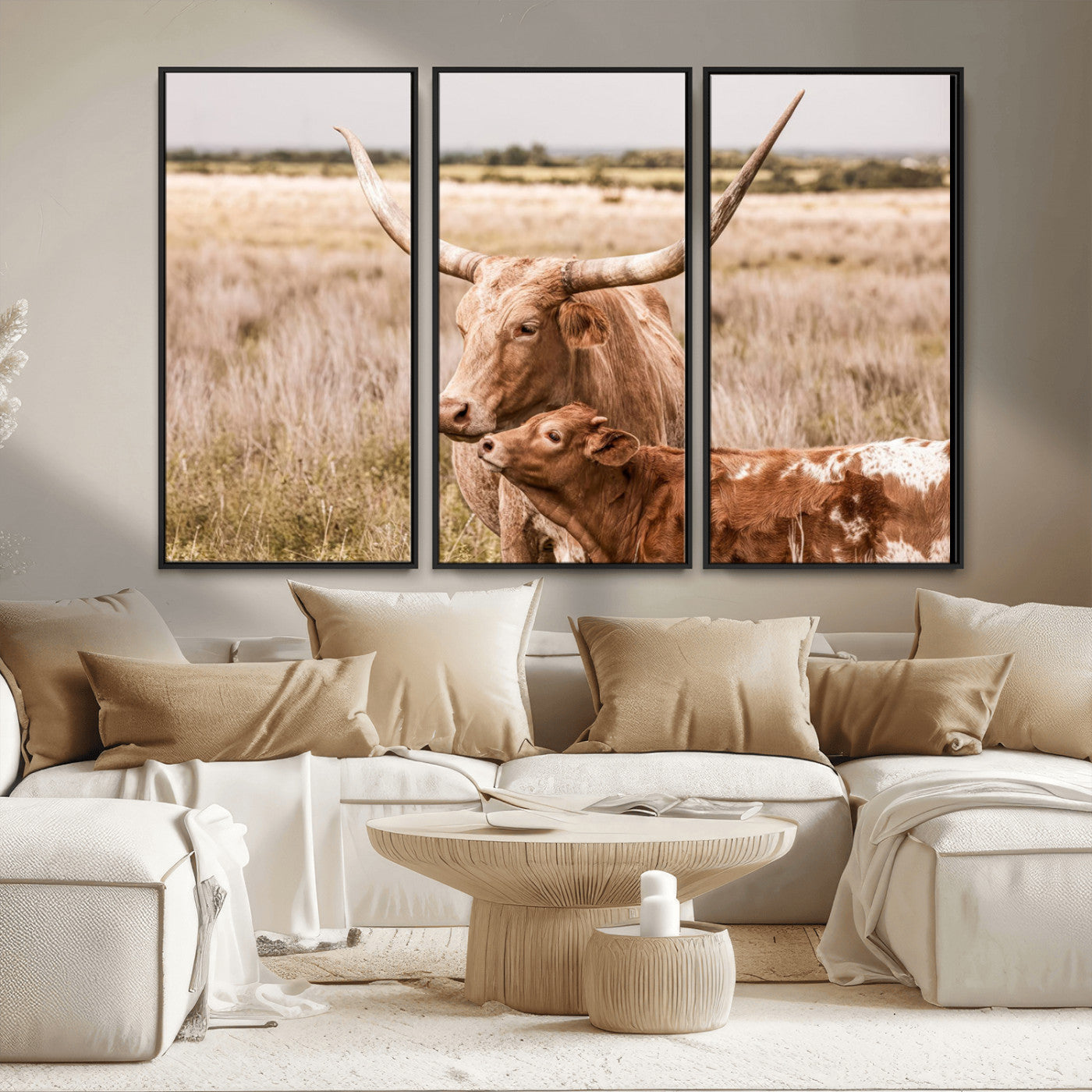 MGV-FC-48X32-3P - Texas Longhorn Cow Wall Art Canvas Print for Farmhouse Wall Art, Texas Decor, Western Wall Art Print