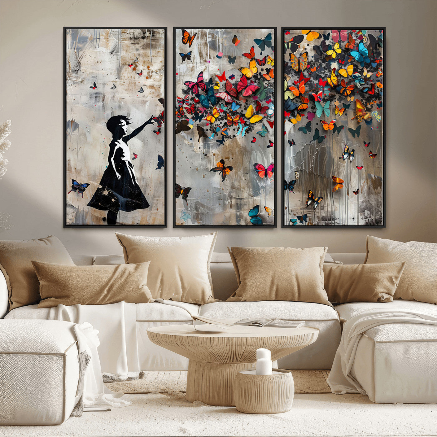 MGV-FC-48X32-3P - Banksy Butterfly Girl Wall Art | 3-Piece Butterfly Girl Canvas