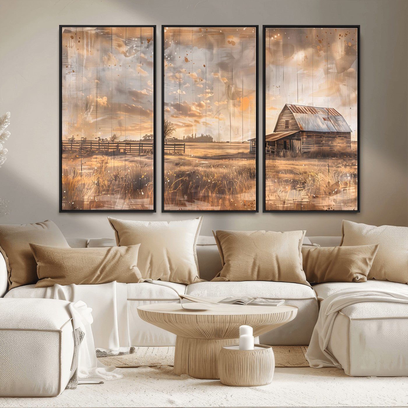 MGV-FC-48X32-3P - Rustic Farmhouse Wall Art Canvas Print | Barn and Field Canvas Print | Vintage Country Landscape