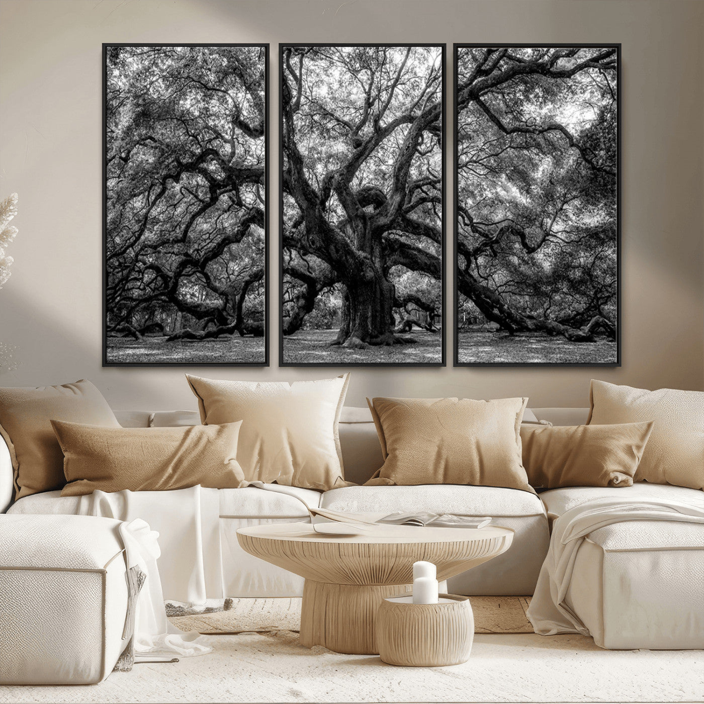 MGV-FC-48X32-3P - Black and White Old Angel Oak Tree Wall Art Canvas Print