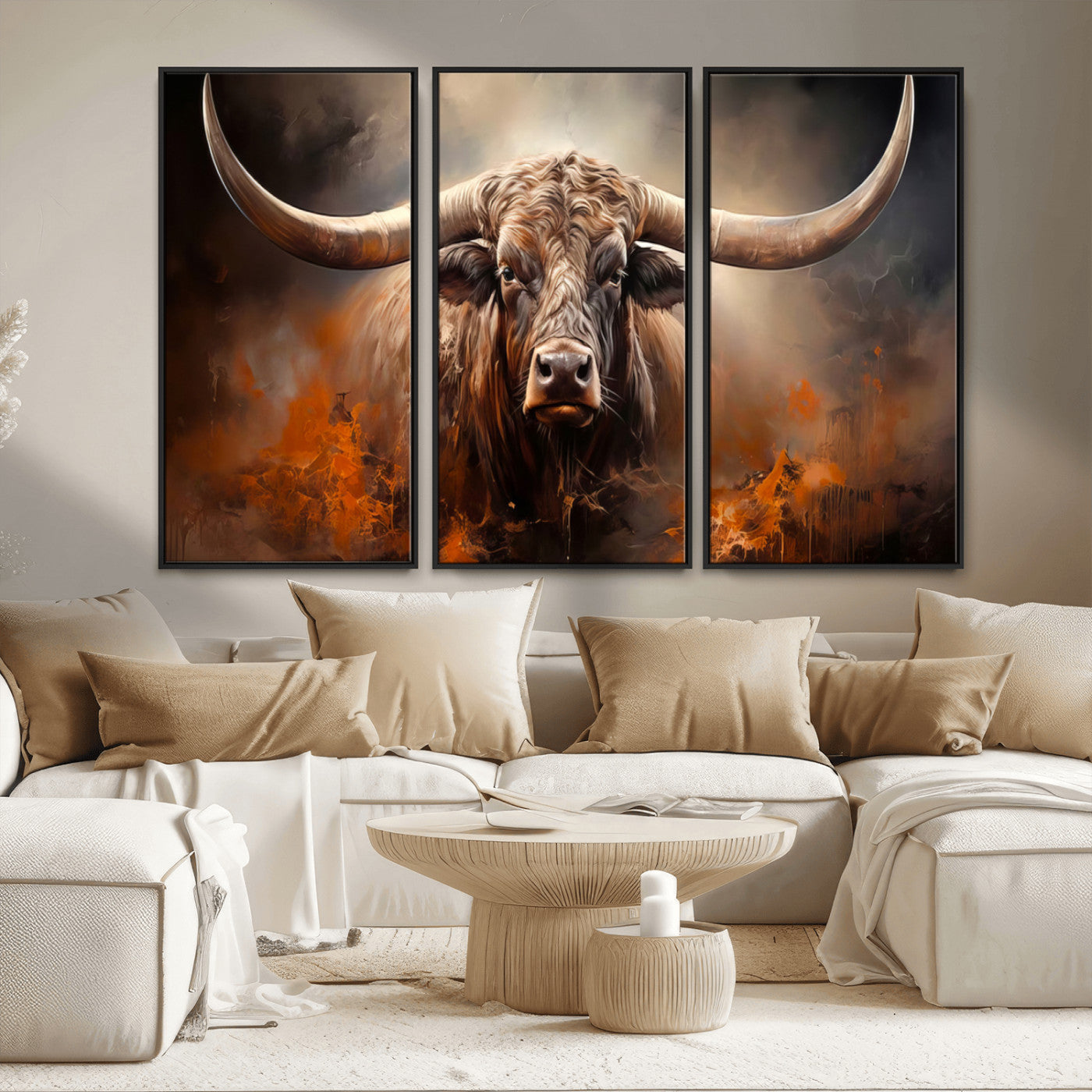 MGV-FC-48X32-3P - Highland Bull Canvas Abstract Canvas Wall Art Print – Powerful Highland Bull with Striking Horns in
