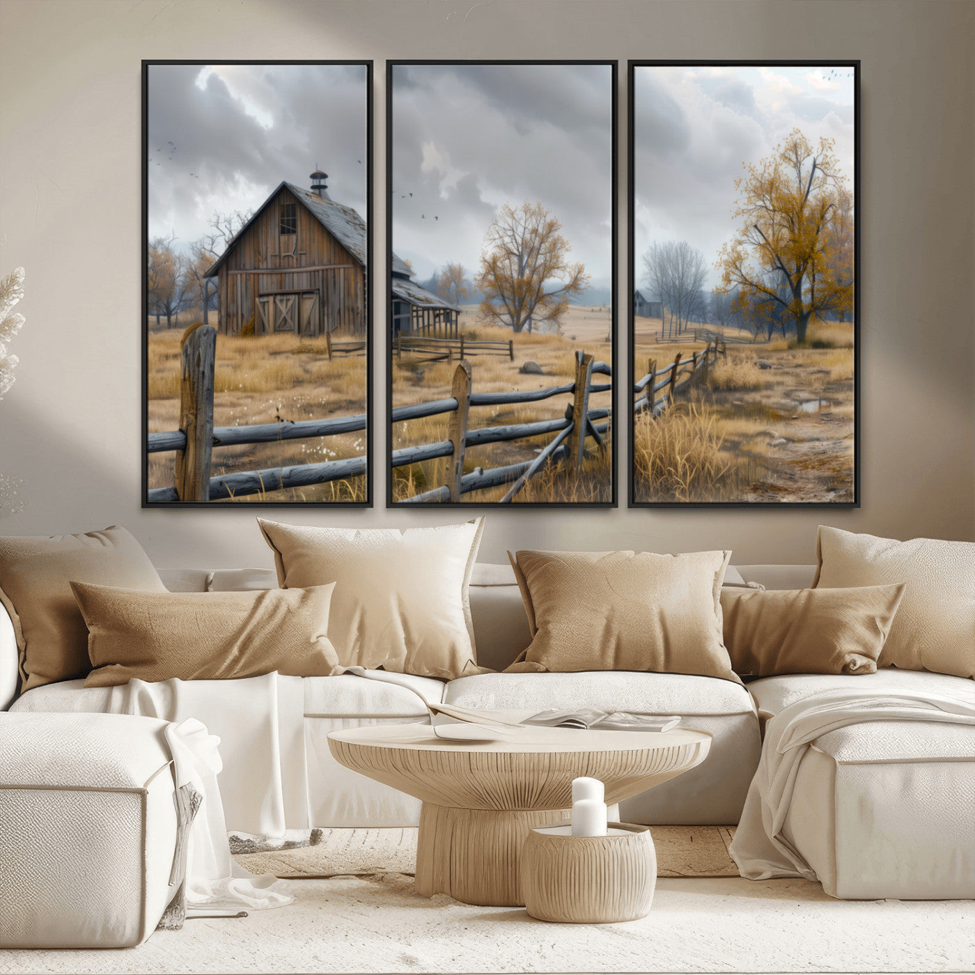 MGV-FC-48X32-3P - Rustic Autumn Farmhouse Wall Art Canvas Print – Serene Countryside Scene with Weathered Barn and