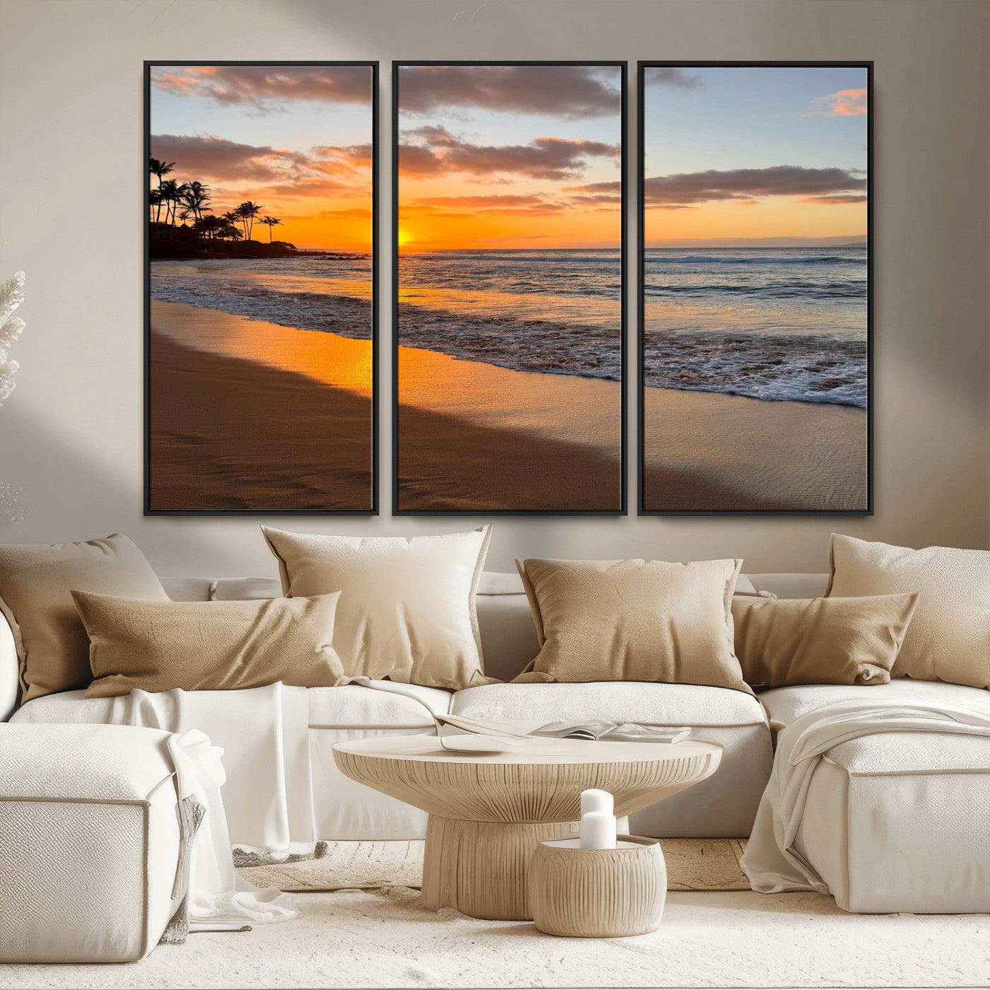 MGV-FC-48X32-3P - Sunset Wall Art Print - Stunning Beach Sunset Canvas Artwork for Elegant Home or Office Coastal