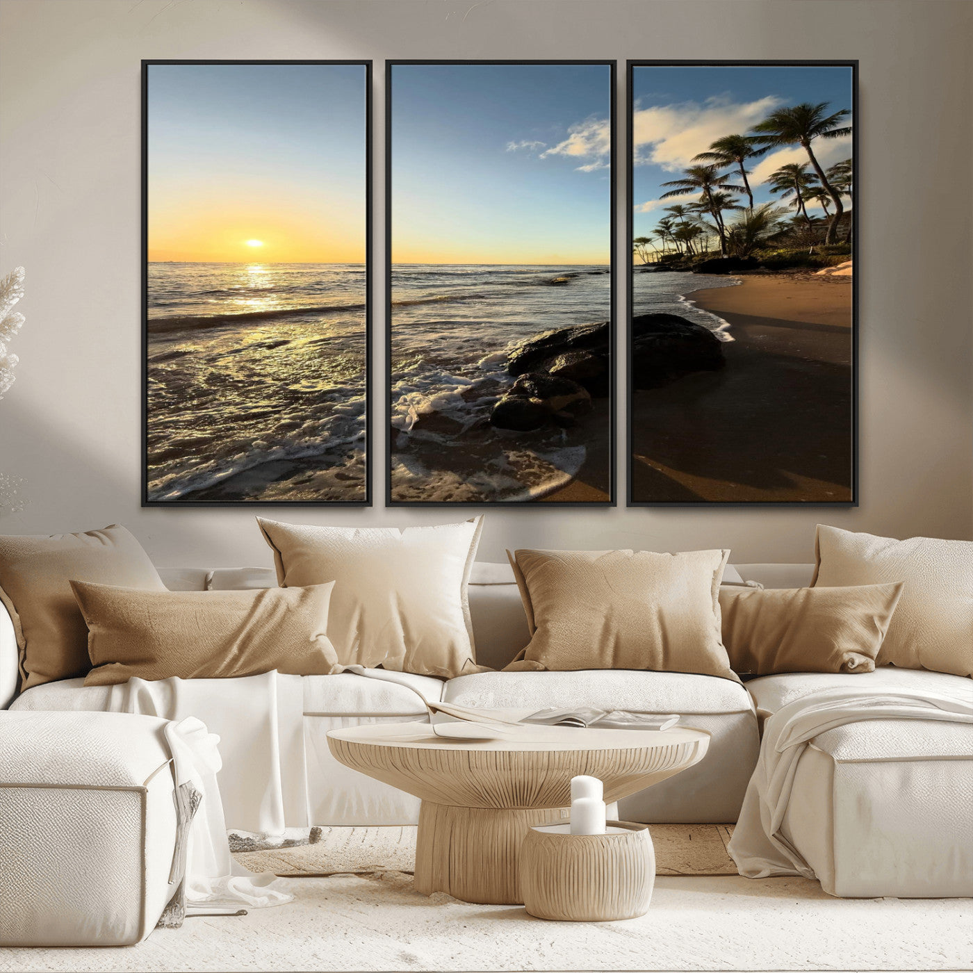 MGV-FC-48X32-3P - Tropical Beach Wall Art - Stunning Ocean Sunset Canvas Print with Palm Tree Design for Relaxing and