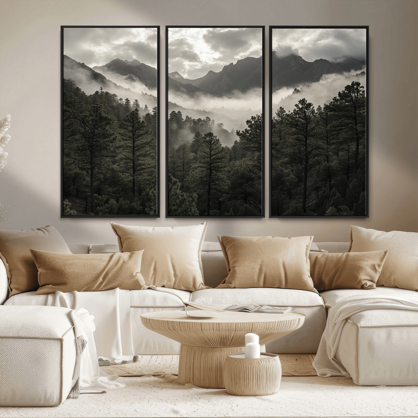 MGV-FC-48X32-3P - Misty Mountain Forest Wall Art – Canvas Print of Cloudy Peaks, Tranquil Pines, Enchanted Landscape, Majestic Nature Decor for Home or Office