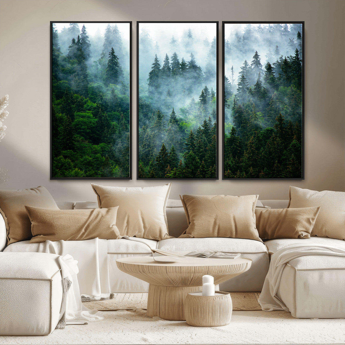 MGV-FC-48X32-3P - Misty Forest Art Wall Art Canvas Print, Framed Foggy Mountain Art Art Picture Print, Scenic Wall