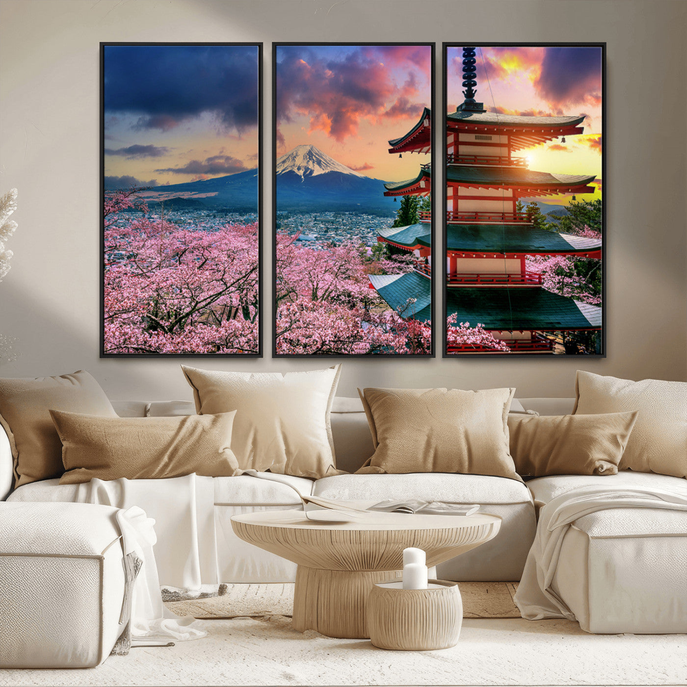 MGV-FC-48X32-3P - Mount Fuji & Cherry Blossom Wall Art Canvas Print – Iconic Japanese Landscape, Sakura Pagoda Sunset,