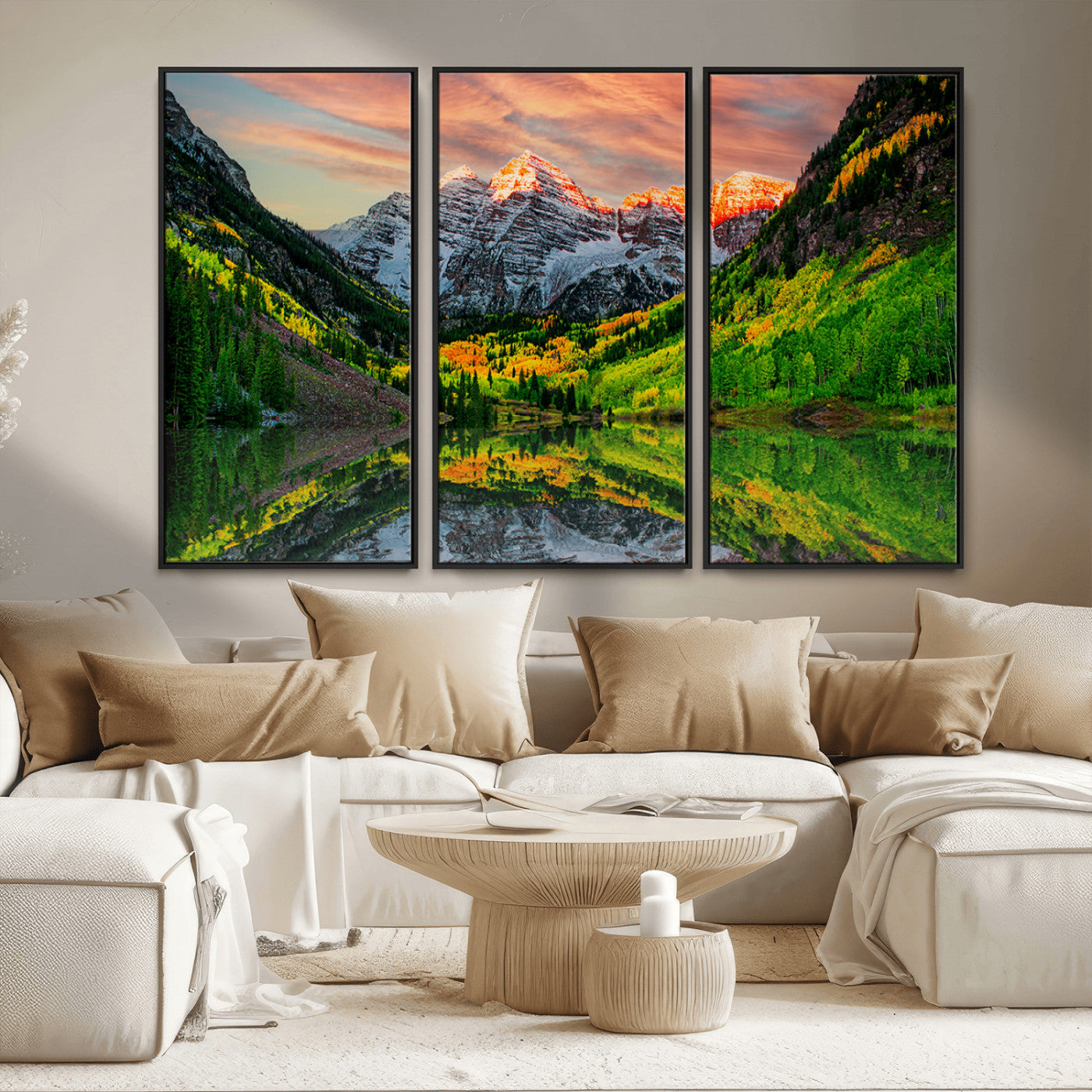 MGV-FC-48X32-3P - Maroon Bells Lake Wall Art Canvas Print – Majestic Colorado Mountain Landscape, Autumn Reflection,