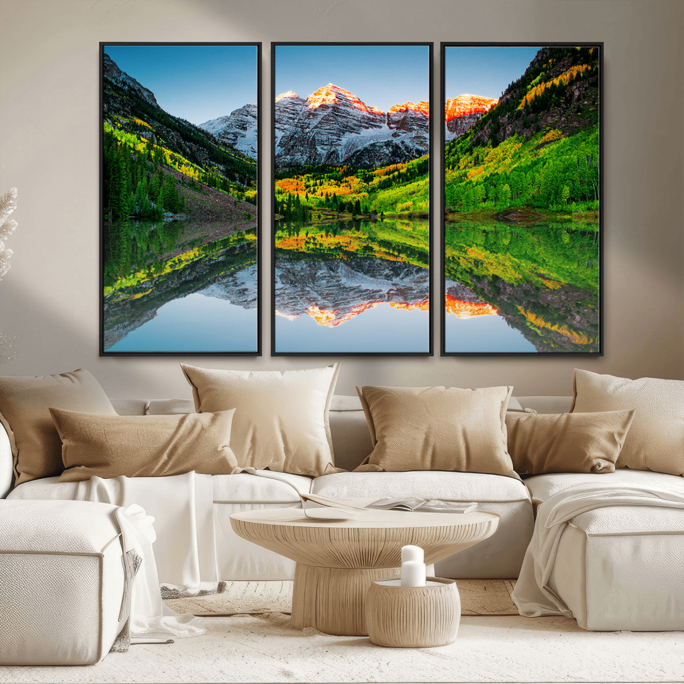MGV-FC-48X32-3P - Maroon Bells Lake Print Wall Art – Majestic Colorado Mountain Landscape, Autumn Reflection,
