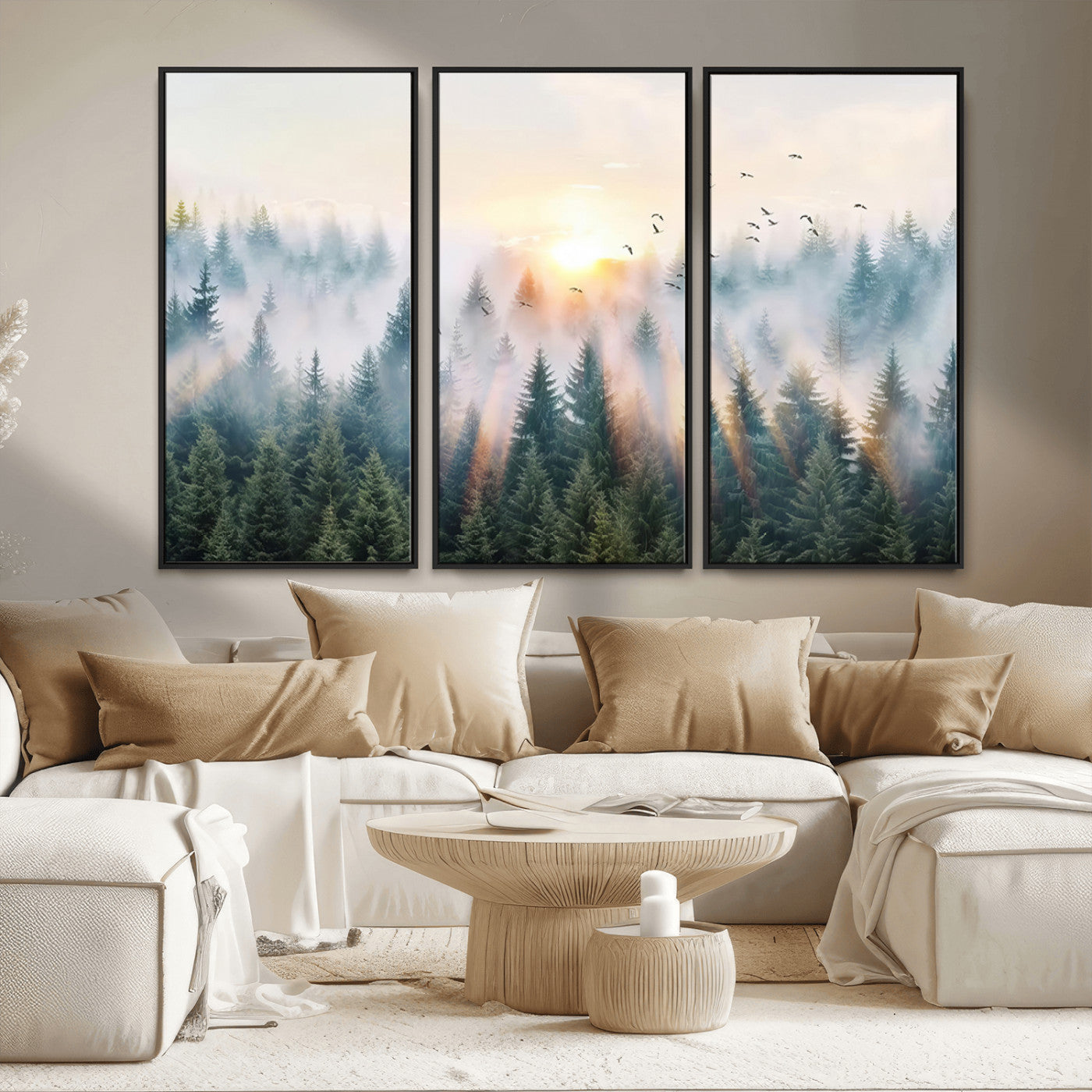 MGV-FC-48X32-3P - Misty Pine Forest Wall Art Canvas, Sunrise Over Foggy Trees Canvas for Home - Office, Framed
