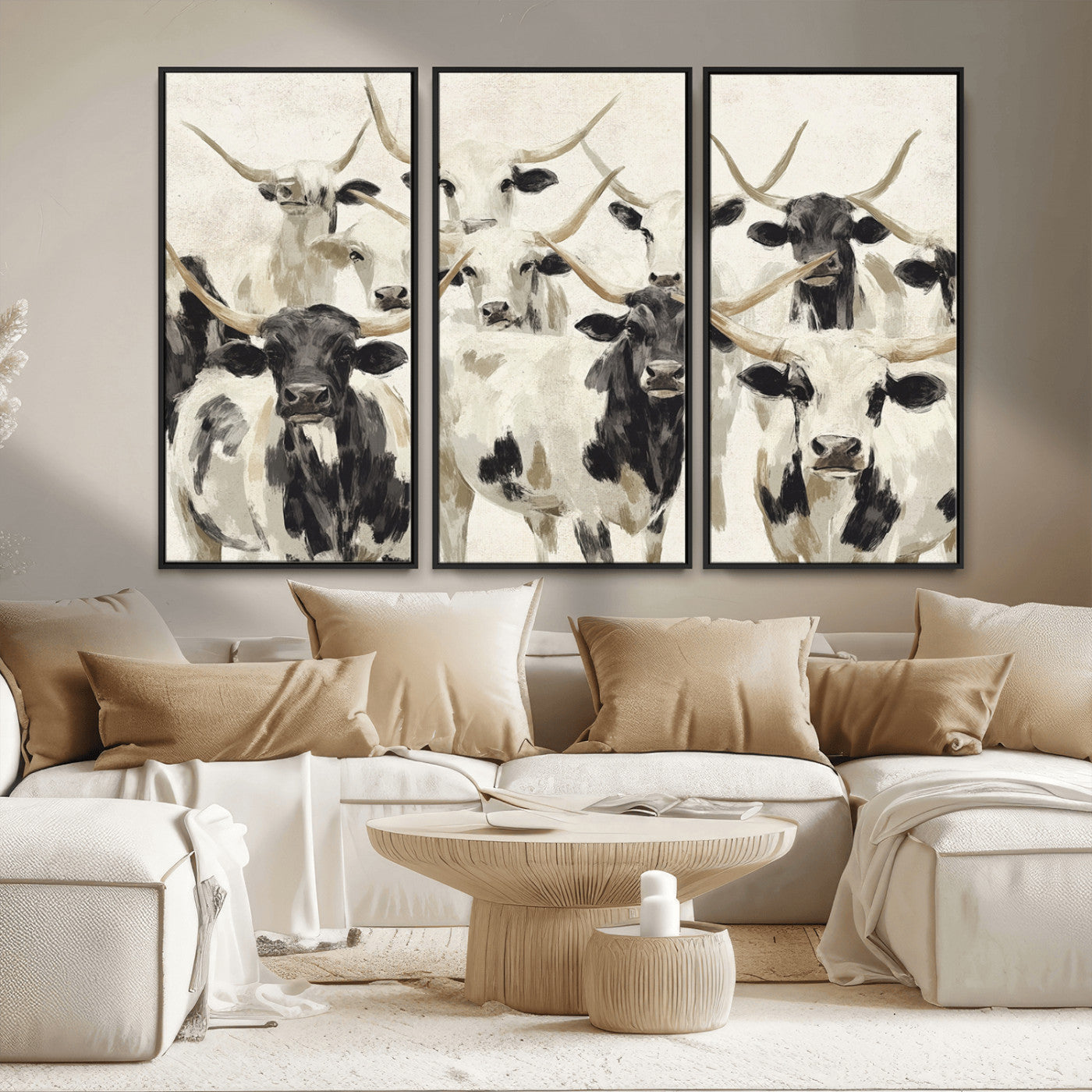 MGV-FC-48X32-3P - Longhorn Texas Cow Drawing Abstract Wall Art Canvas Print for Farmhouse Decor, Texas Bull Printing