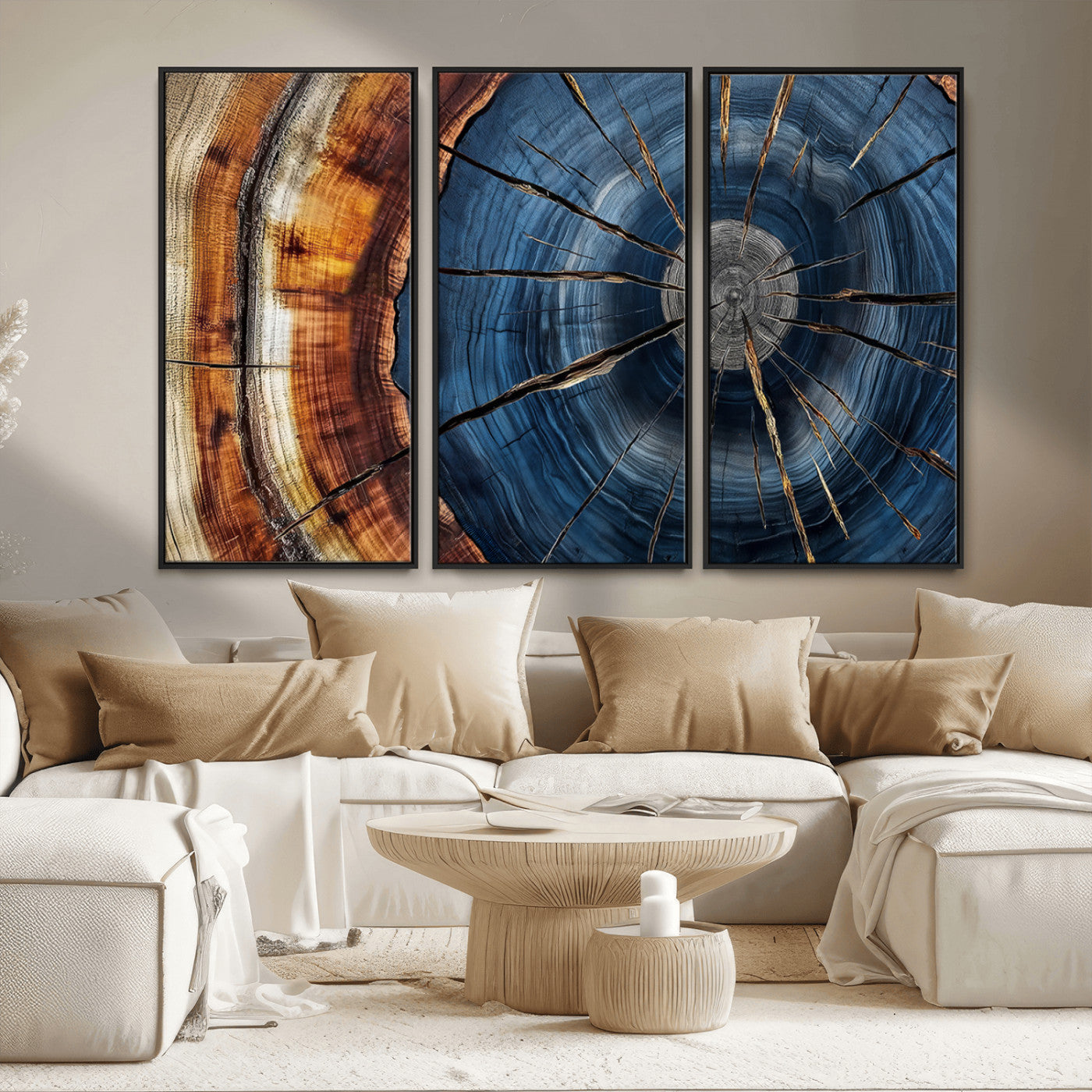 MGV-FC-48X32-3P - Framed Abstract Tree Ring Wall Art Print, Natural Rustic Wood Texture Canvas Print, Wood Tree Stump
