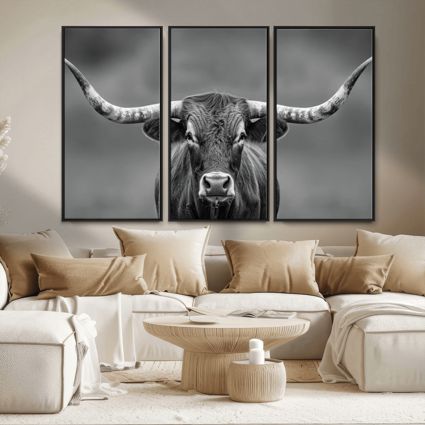 MGV-FC-48X32-3P - Framed Texas Longhorn Bull Art Canvas Print, Western Bull Wall Art Print, Long Horn Bull Photo Print