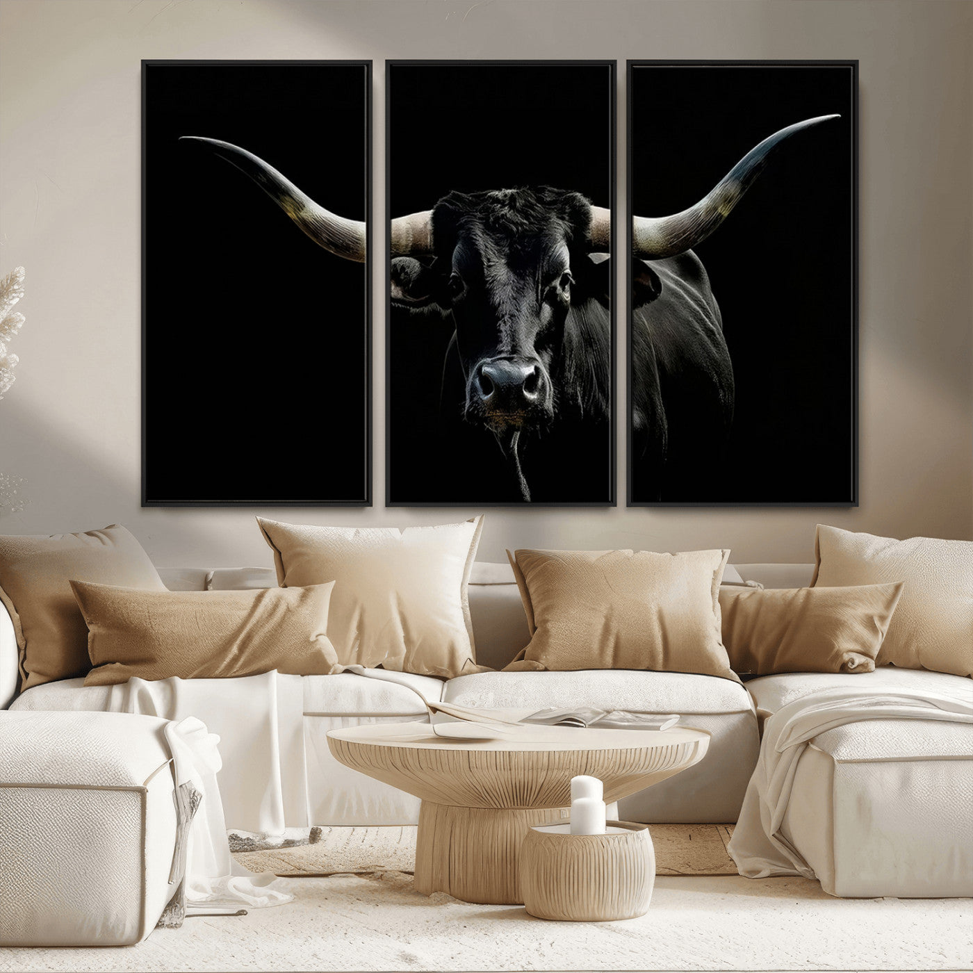 MGV-FC-48X32-3P - Texas Black Bull Wall Art Print, Longhorn Bull Canvas Wall Art