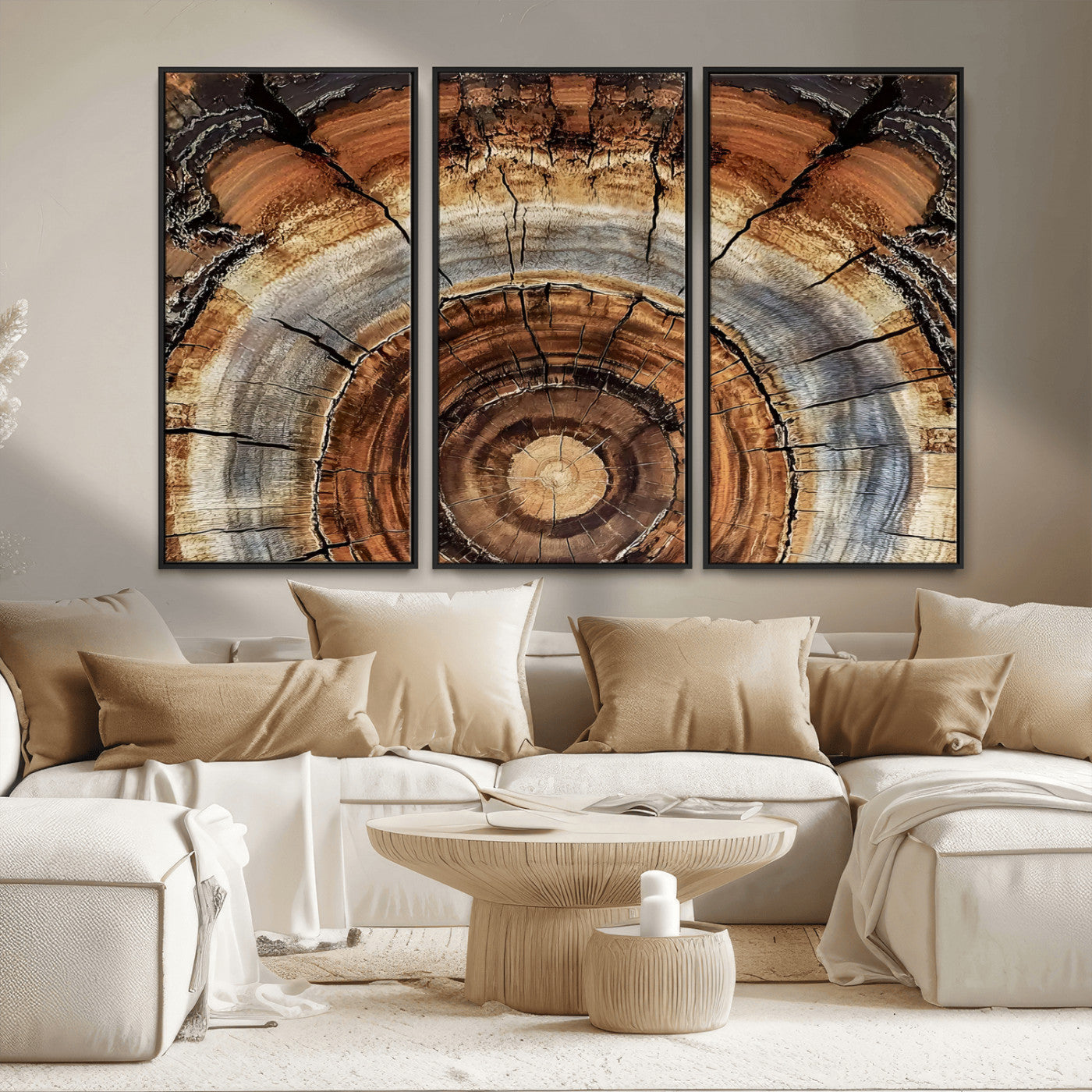 MGV-FC-48X32-3P - Tree Rings Wall Art Canvas Print, Framed Wood Texture Art Picture Print, Rustic Pattern Perfect Rustic Organic Decor Artwork