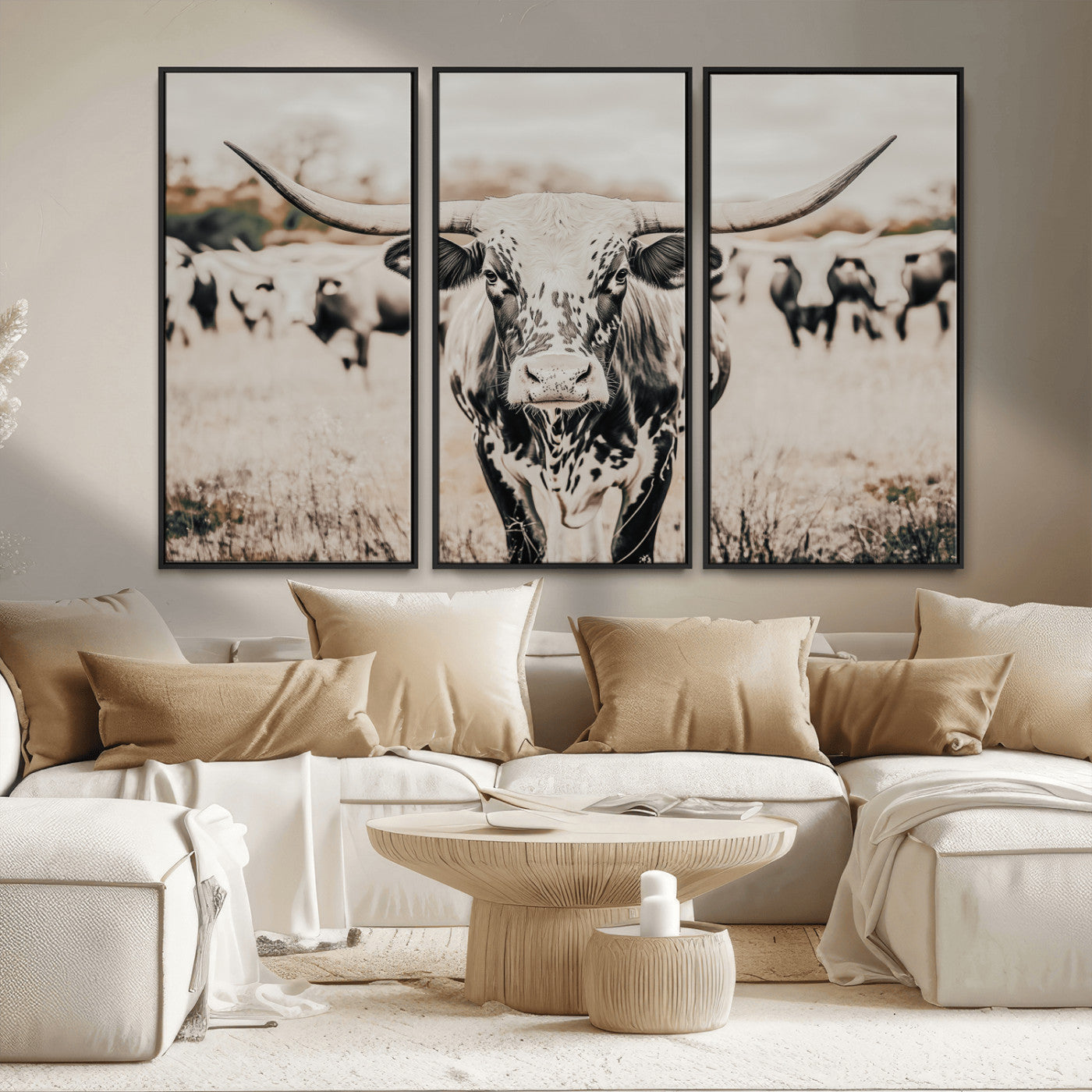 MGV-FC-48X32-3P - Texas Longhorn Wall Art Canvas Print, Framed Speckled Cow Art Picture Print, Horned Cattle Perfect Rustic Western Decor Artwork