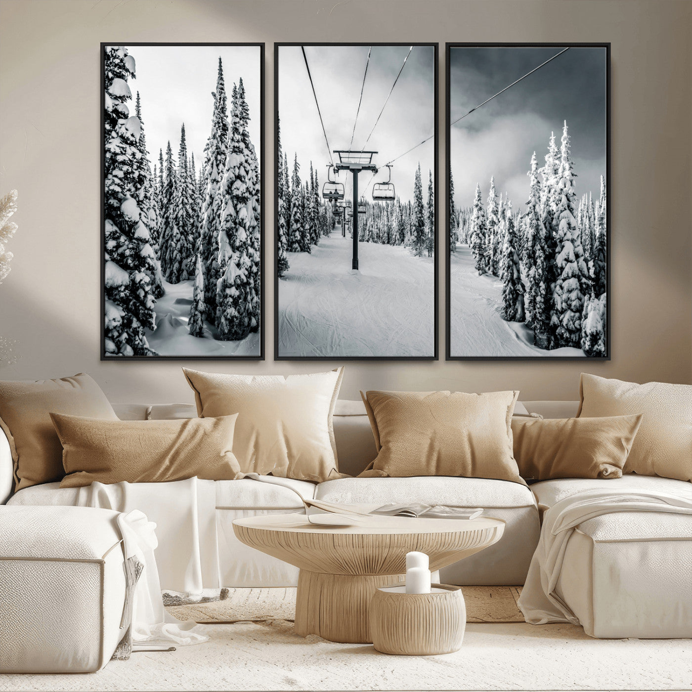 MGV-FC-48X32-3P - Snowy Pines Wall Art Canvas Print, Framed Ski Lift Art Picture Print, Winter Forest Perfect Moody Lodge Decor Artwork