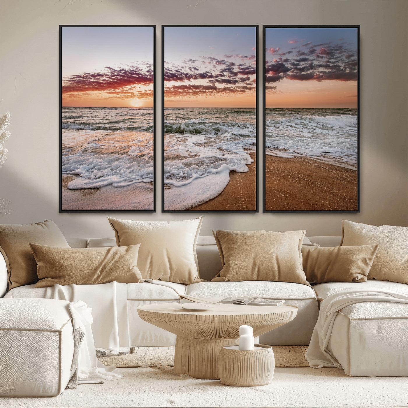 MGV-FC-48X32-3P - Ocean Sunset Wall Art Canvas Print, Framed Sandy Shore Art Picture Print, Gentle Waves Perfect Minimalist Coastal Decor Artwork