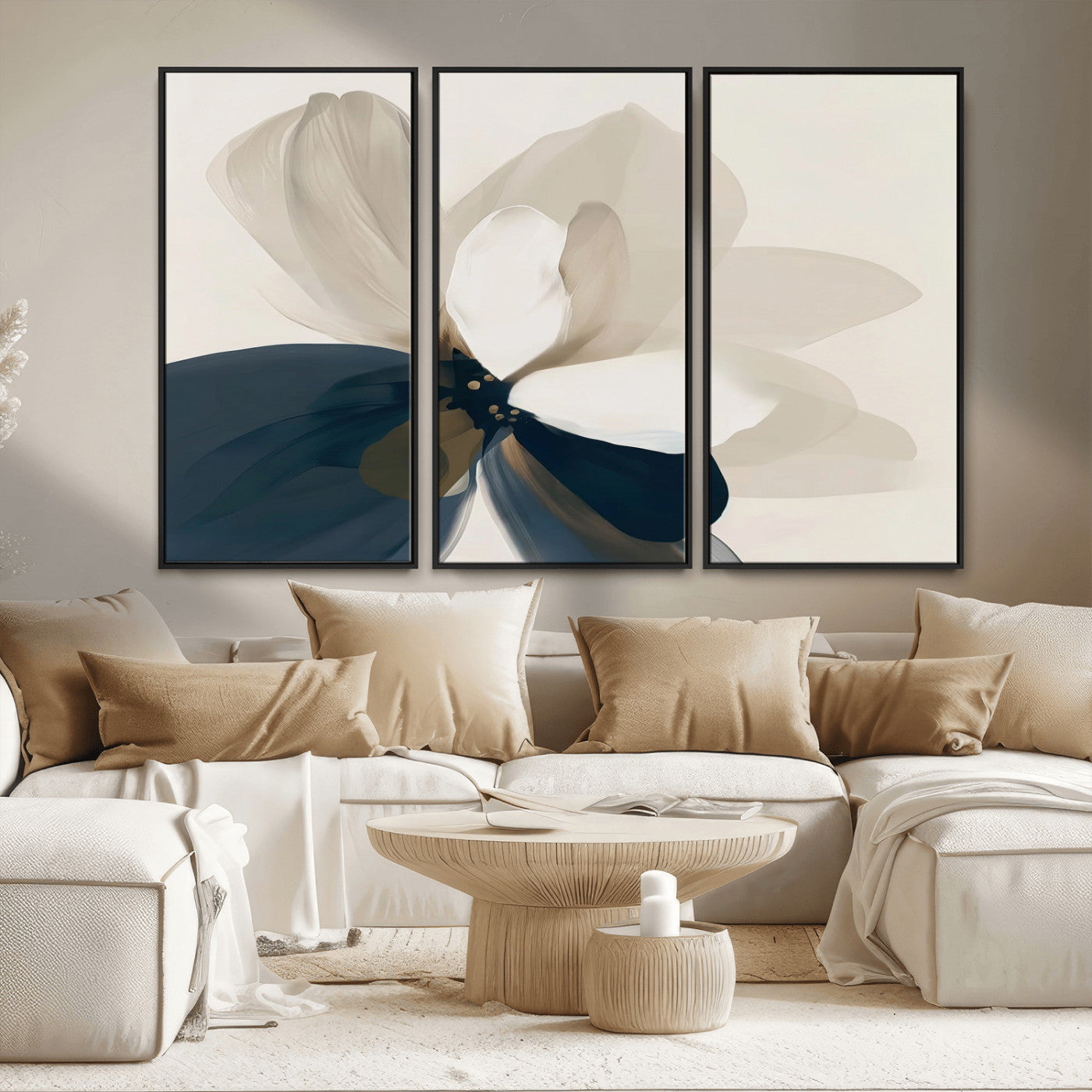 MGV-FC-48X32-3P - Minimal Flower Wall Art Canvas Print, Framed Flower Drawing Art Picture Print, Beige Bloom Perfect Modern Botanical Decor Artwork